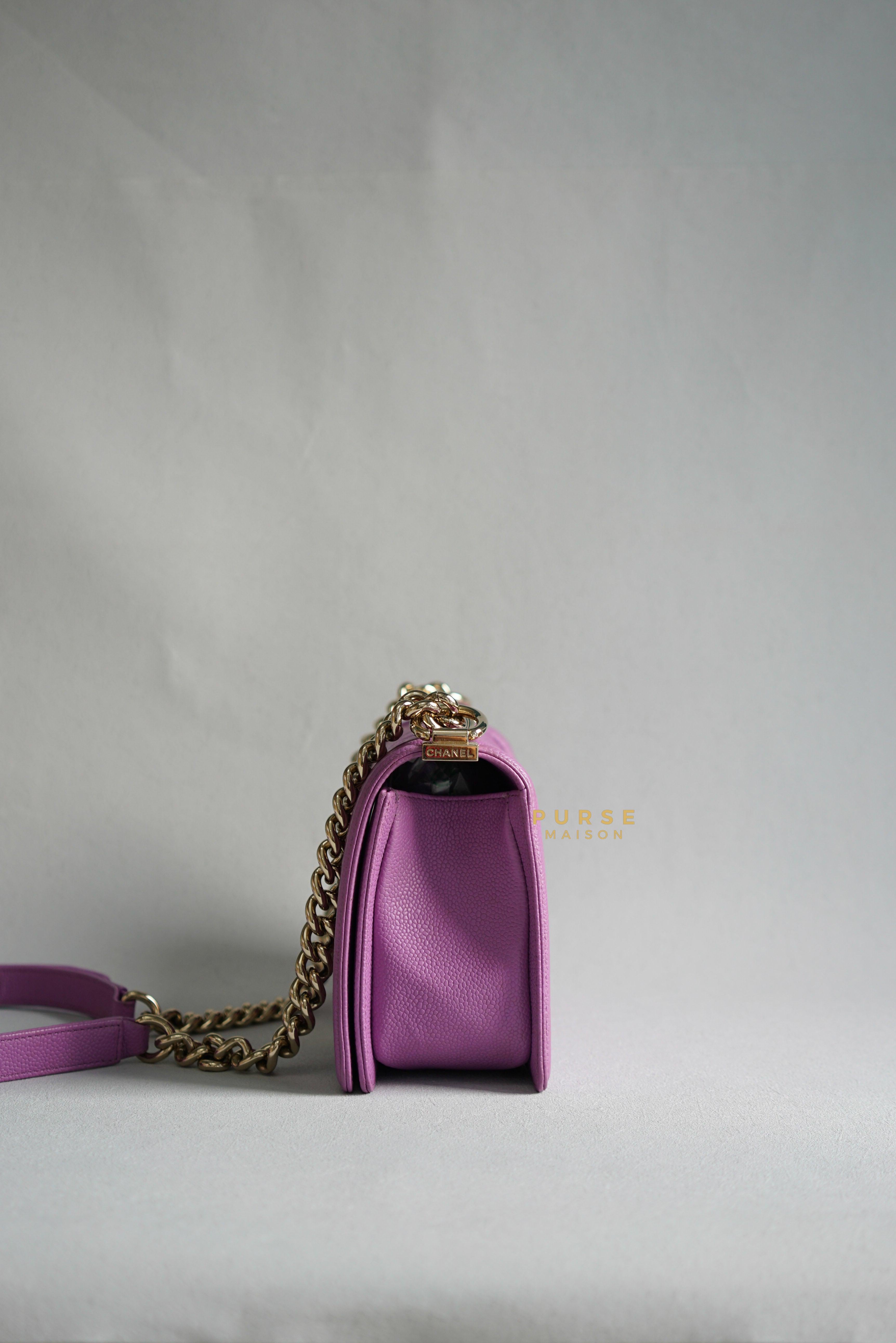 Chanel Boy Old Medium in Purple Caviar Leather and Light Gold Hardware (Series 29) | Purse Maison Luxury Bags Shop