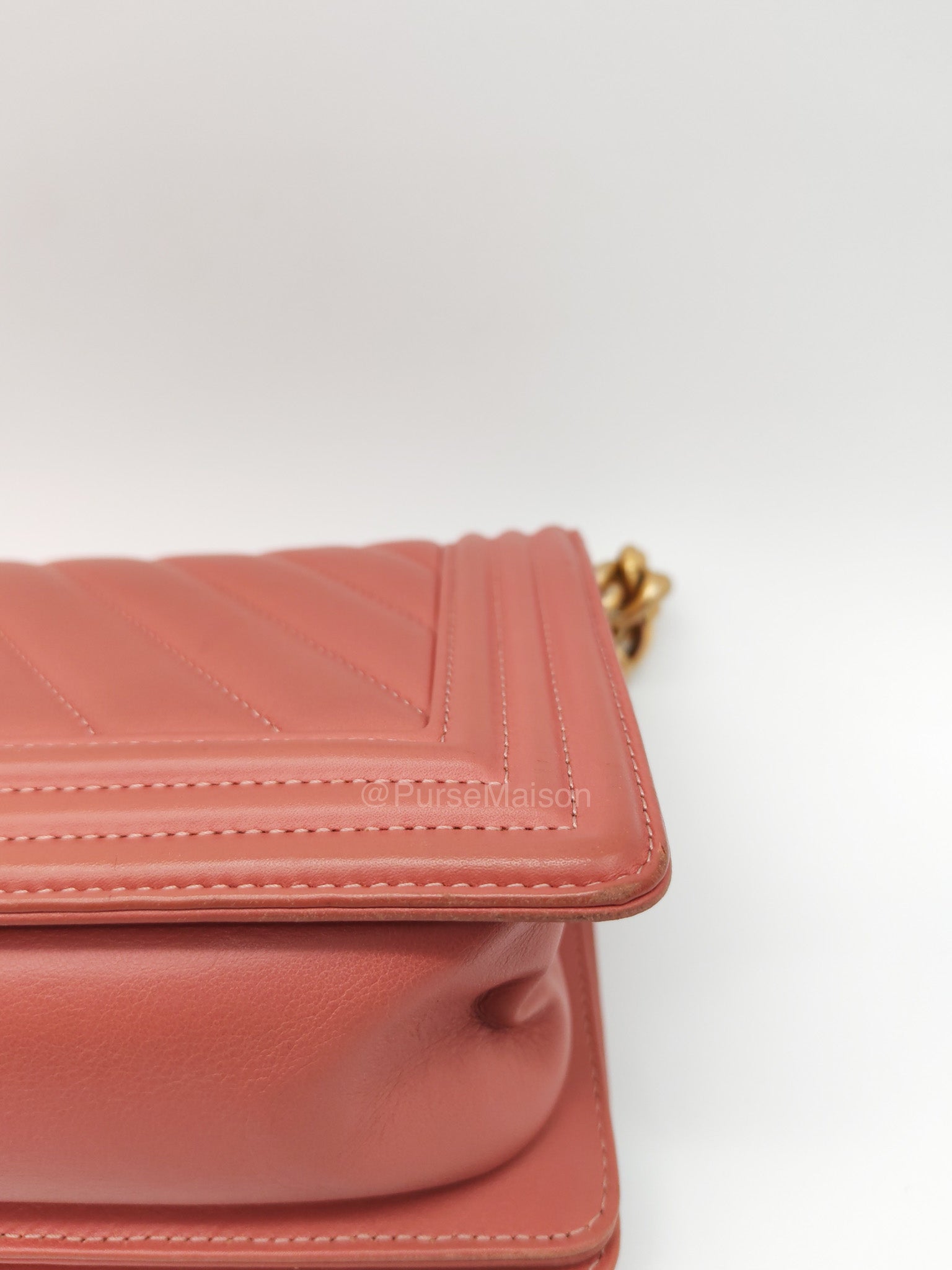 Chanel Boy Old Medium in Salmon Pink Chevron Calfskin Leather and Aged Gold Hardware Series 28 | Purse Maison Luxury Bags Shop