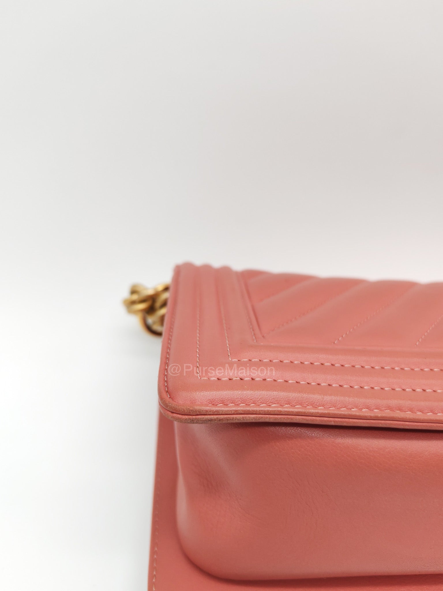 Chanel Boy Old Medium in Salmon Pink Chevron Calfskin Leather and Aged Gold Hardware Series 28 | Purse Maison Luxury Bags Shop