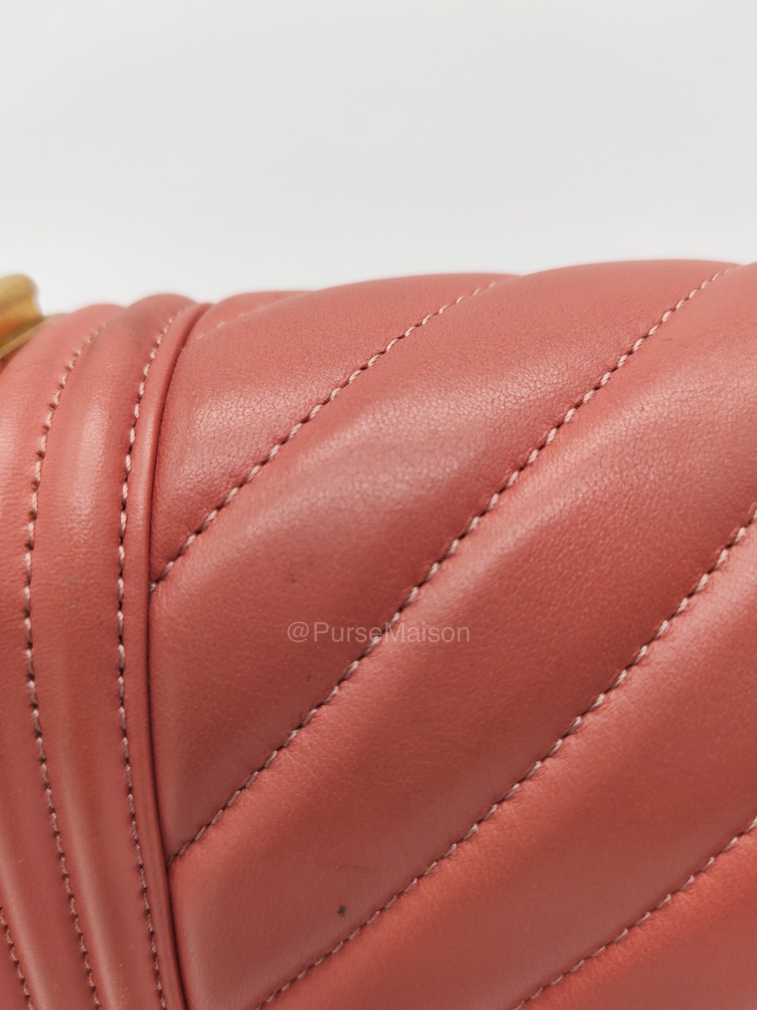 Chanel Boy Old Medium in Salmon Pink Chevron Calfskin Leather and Aged Gold Hardware Series 28 | Purse Maison Luxury Bags Shop
