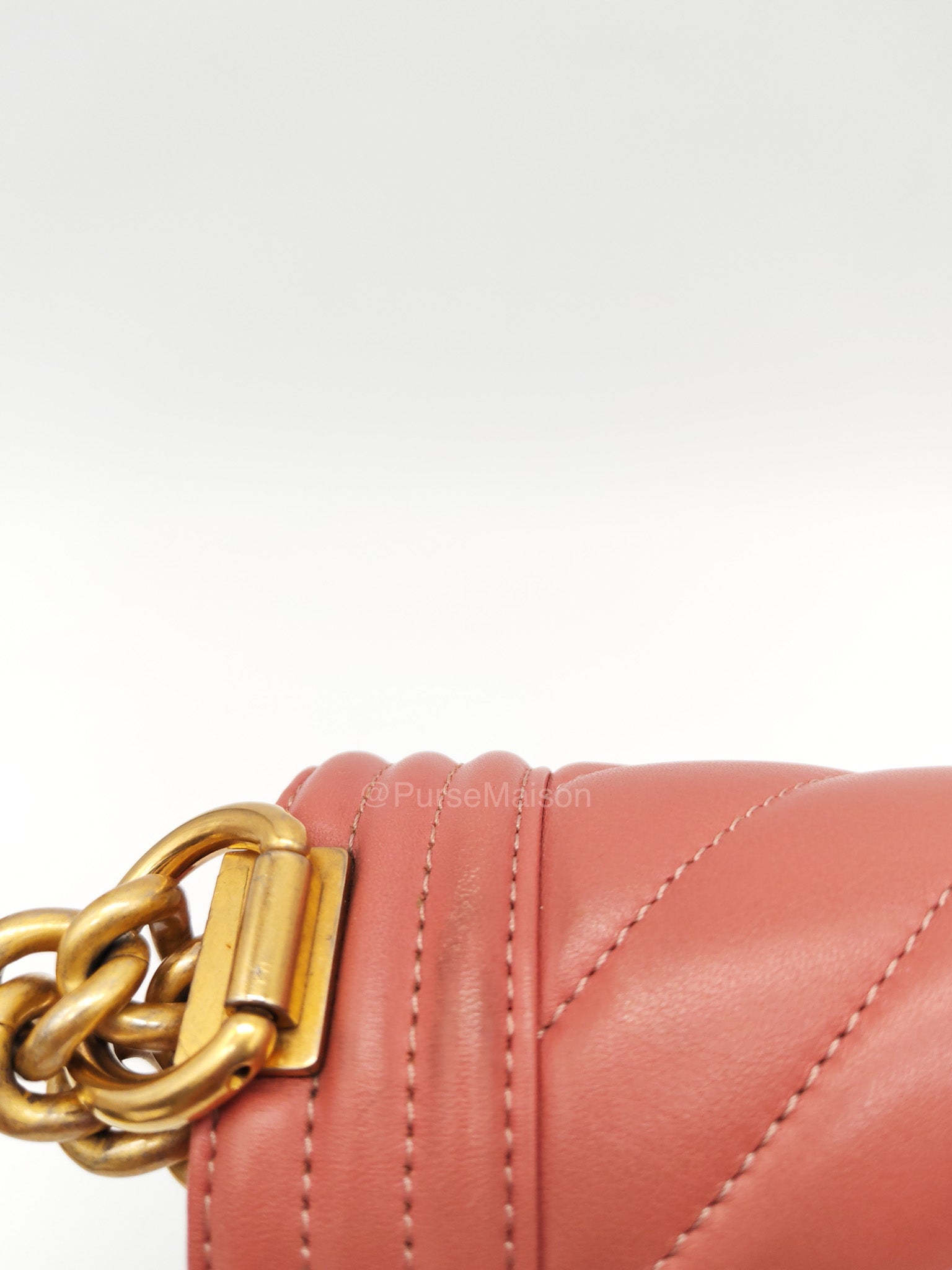 Chanel Boy Old Medium in Salmon Pink Chevron Calfskin Leather and Aged Gold Hardware Series 28 | Purse Maison Luxury Bags Shop