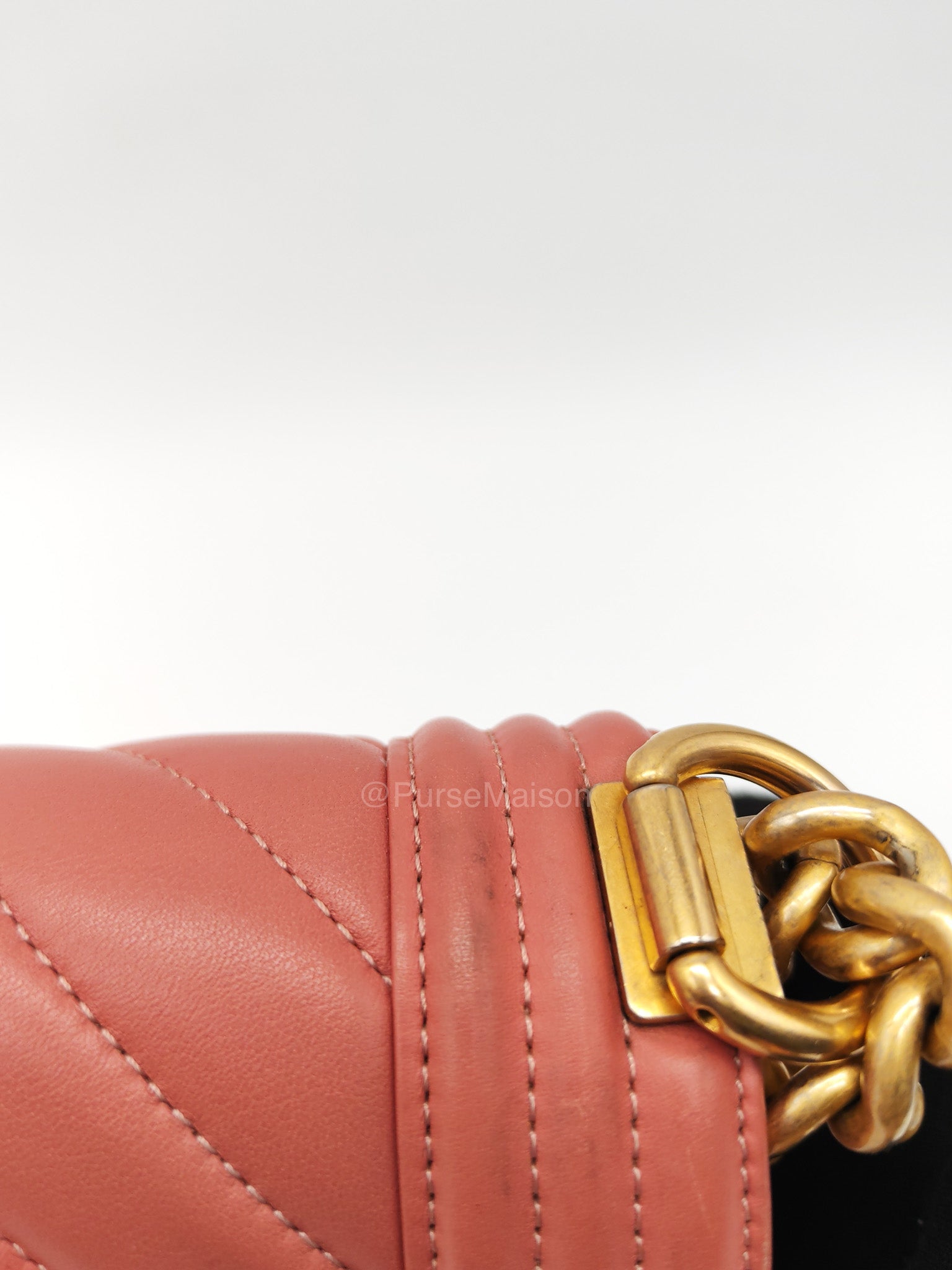 Chanel Boy Old Medium in Salmon Pink Chevron Calfskin Leather and Aged Gold Hardware Series 28 | Purse Maison Luxury Bags Shop