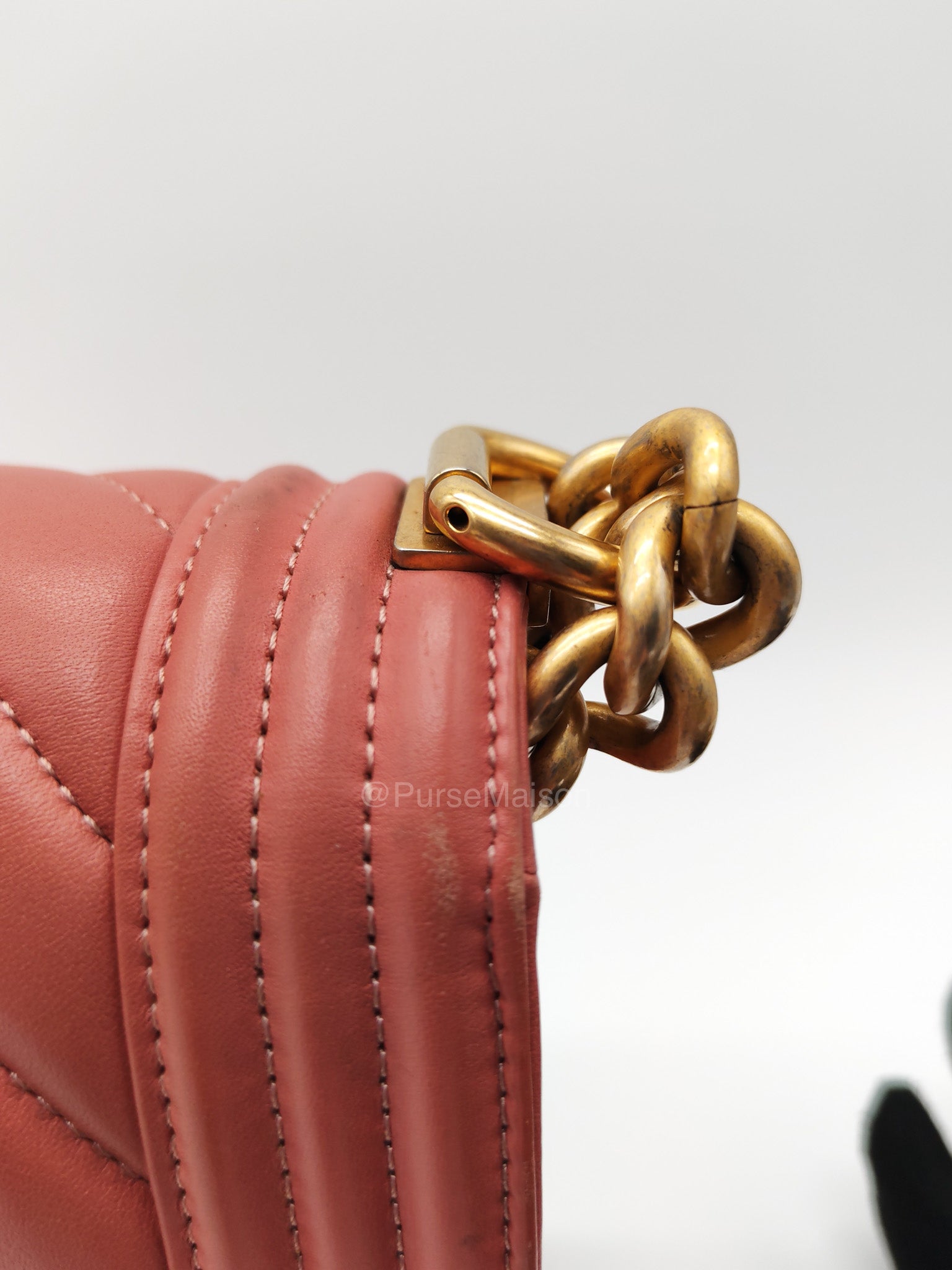 Chanel Boy Old Medium in Salmon Pink Chevron Calfskin Leather and Aged Gold Hardware Series 28 | Purse Maison Luxury Bags Shop