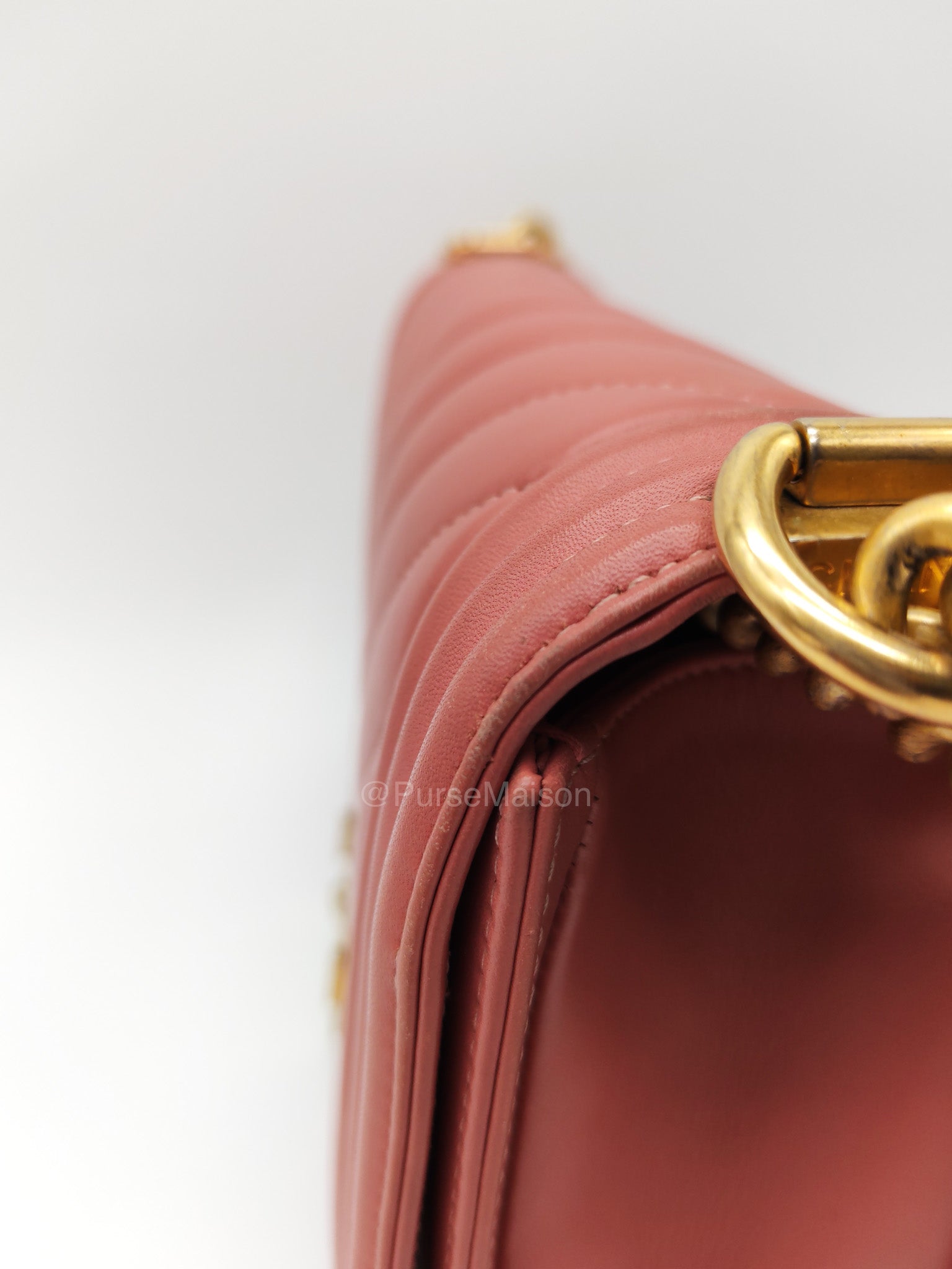 Chanel Boy Old Medium in Salmon Pink Chevron Calfskin Leather and Aged Gold Hardware Series 28 | Purse Maison Luxury Bags Shop