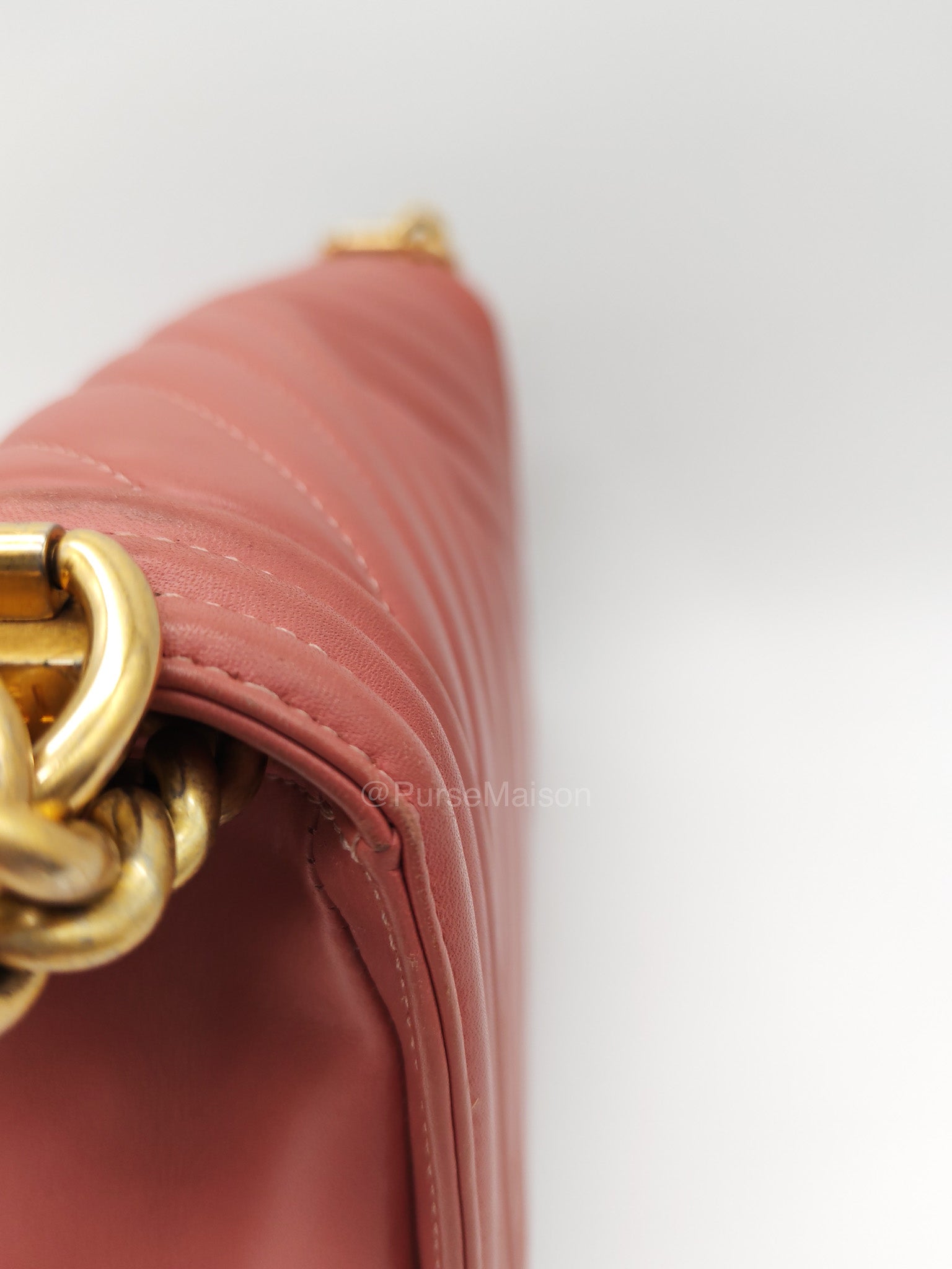 Chanel Boy Old Medium in Salmon Pink Chevron Calfskin Leather and Aged Gold Hardware Series 28 | Purse Maison Luxury Bags Shop