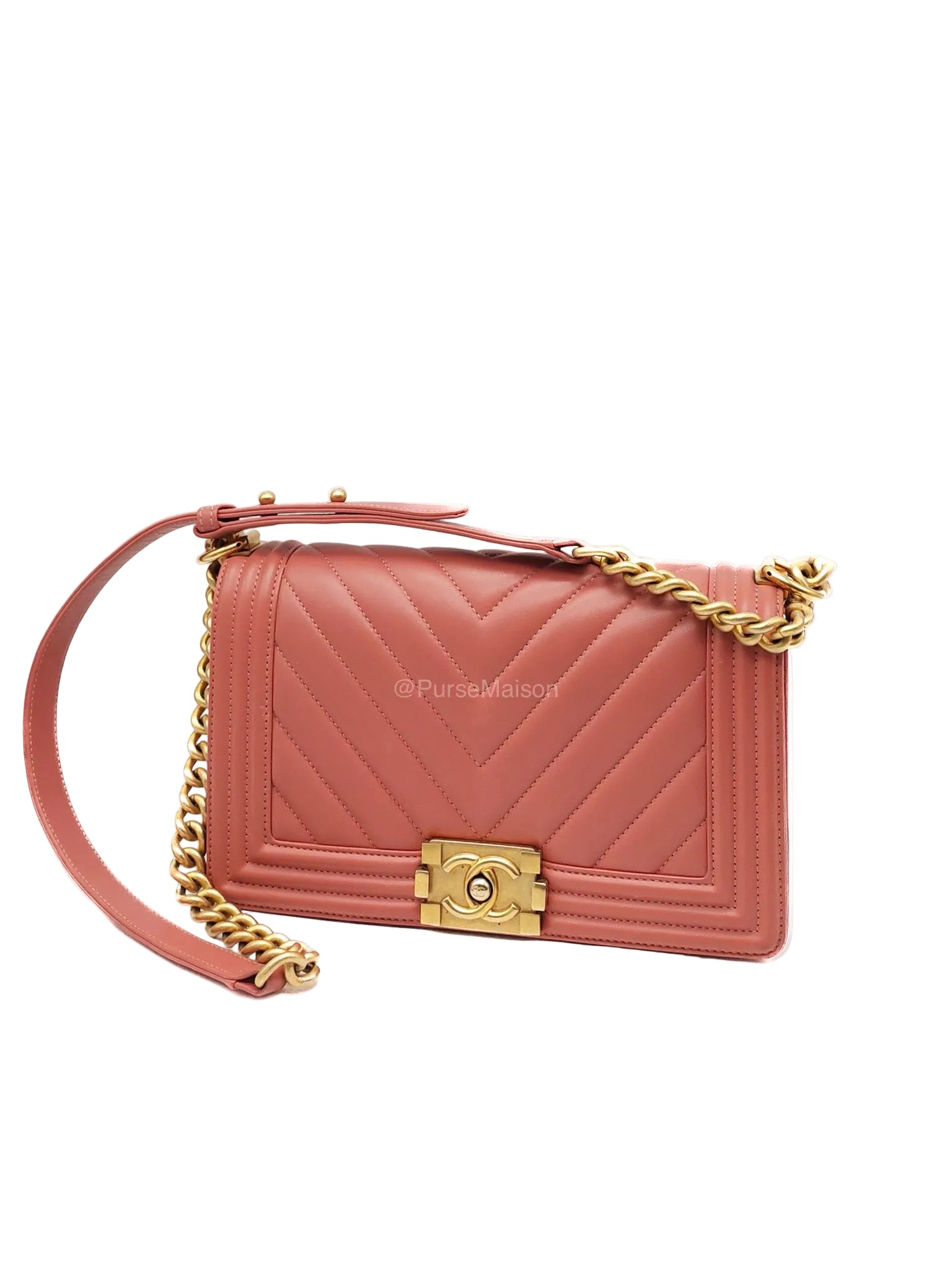 Chanel Boy Old Medium in Salmon Pink Chevron Calfskin Leather and Aged Gold Hardware Series 28 | Purse Maison Luxury Bags Shop