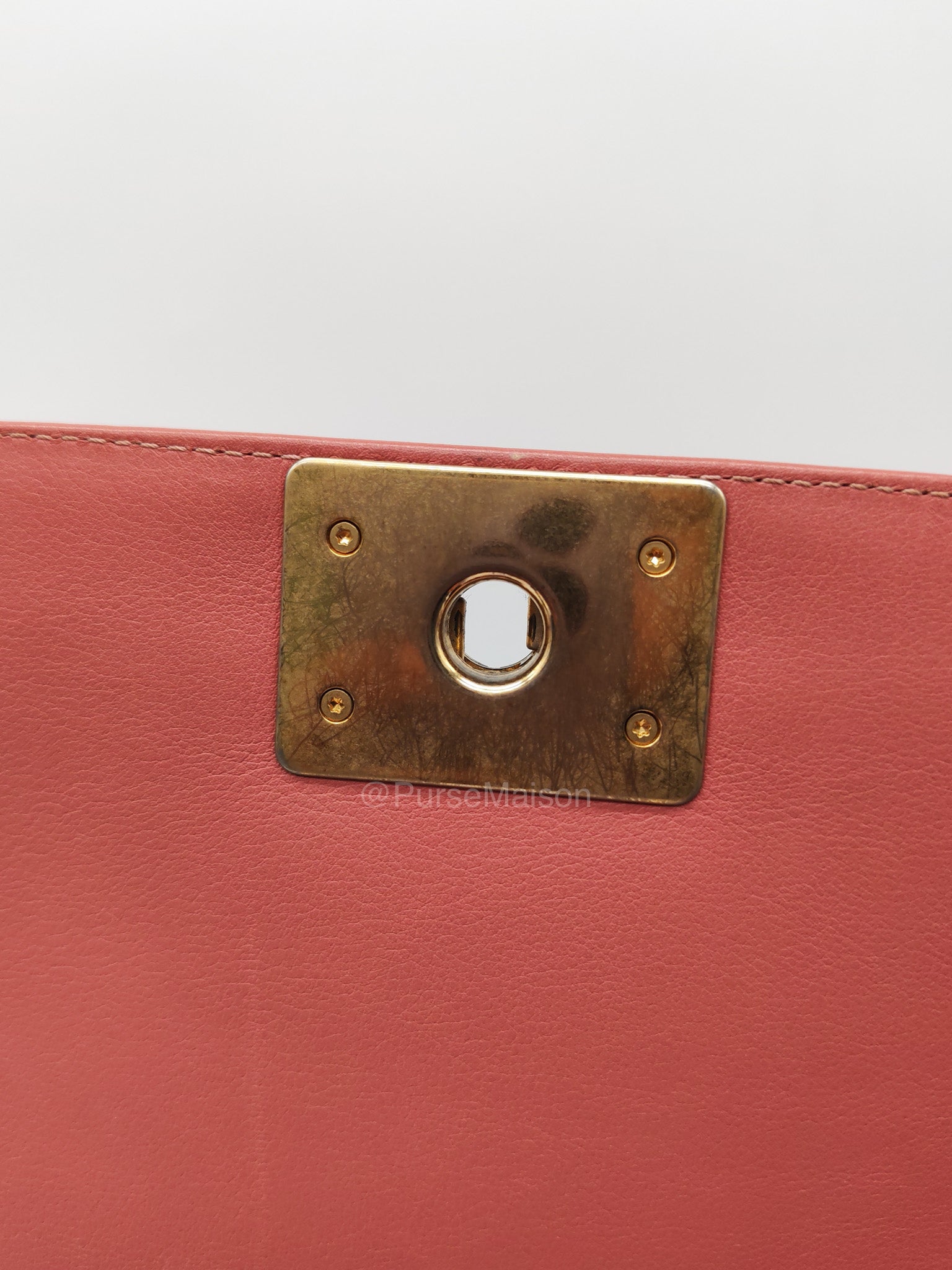 Chanel Boy Old Medium in Salmon Pink Chevron Calfskin Leather and Aged Gold Hardware Series 28 | Purse Maison Luxury Bags Shop