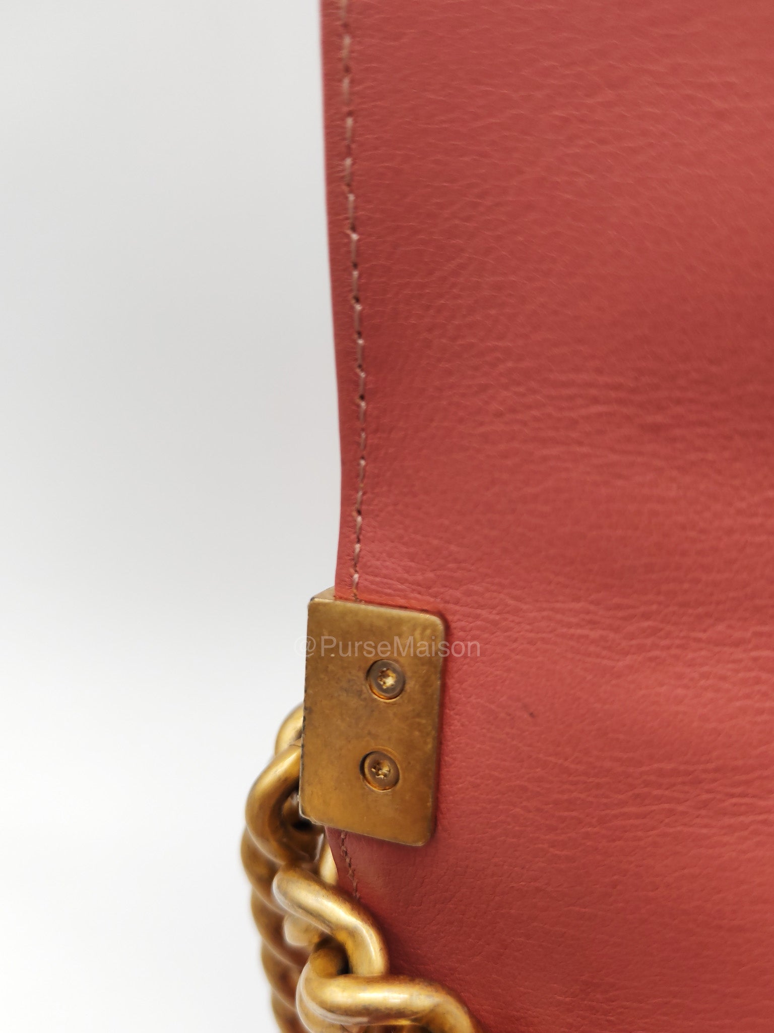 Chanel Boy Old Medium in Salmon Pink Chevron Calfskin Leather and Aged Gold Hardware Series 28 | Purse Maison Luxury Bags Shop