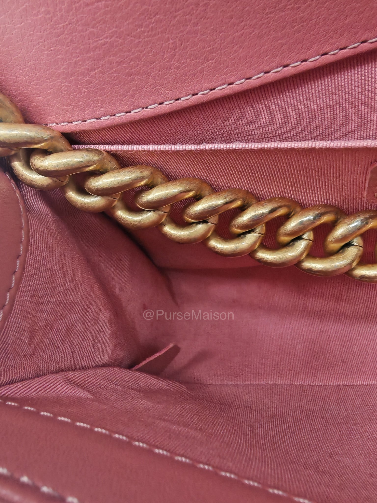 Chanel Boy Old Medium in Salmon Pink Chevron Calfskin Leather and Aged Gold Hardware Series 28 | Purse Maison Luxury Bags Shop