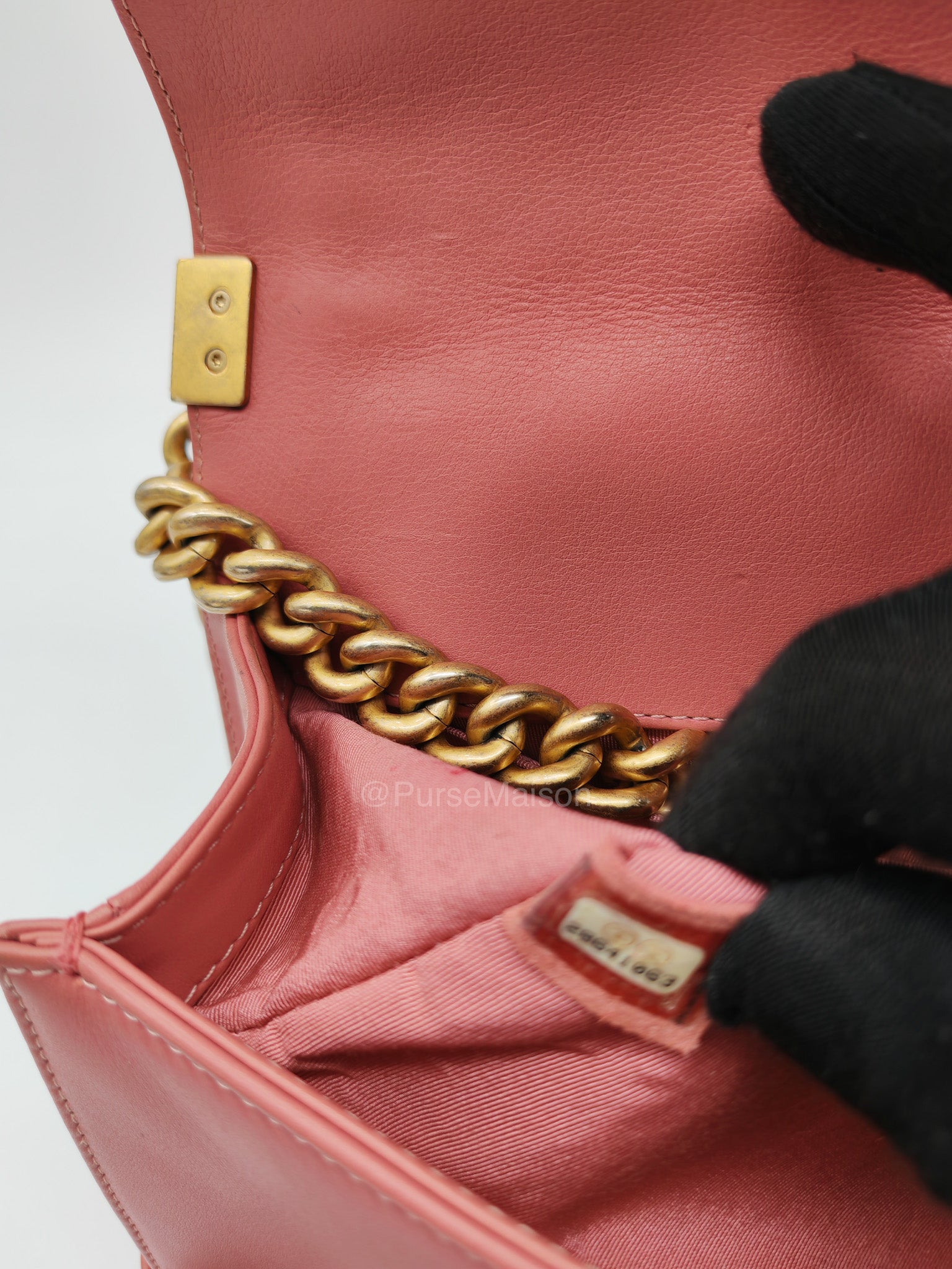 Chanel Boy Old Medium in Salmon Pink Chevron Calfskin Leather and Aged Gold Hardware Series 28 | Purse Maison Luxury Bags Shop