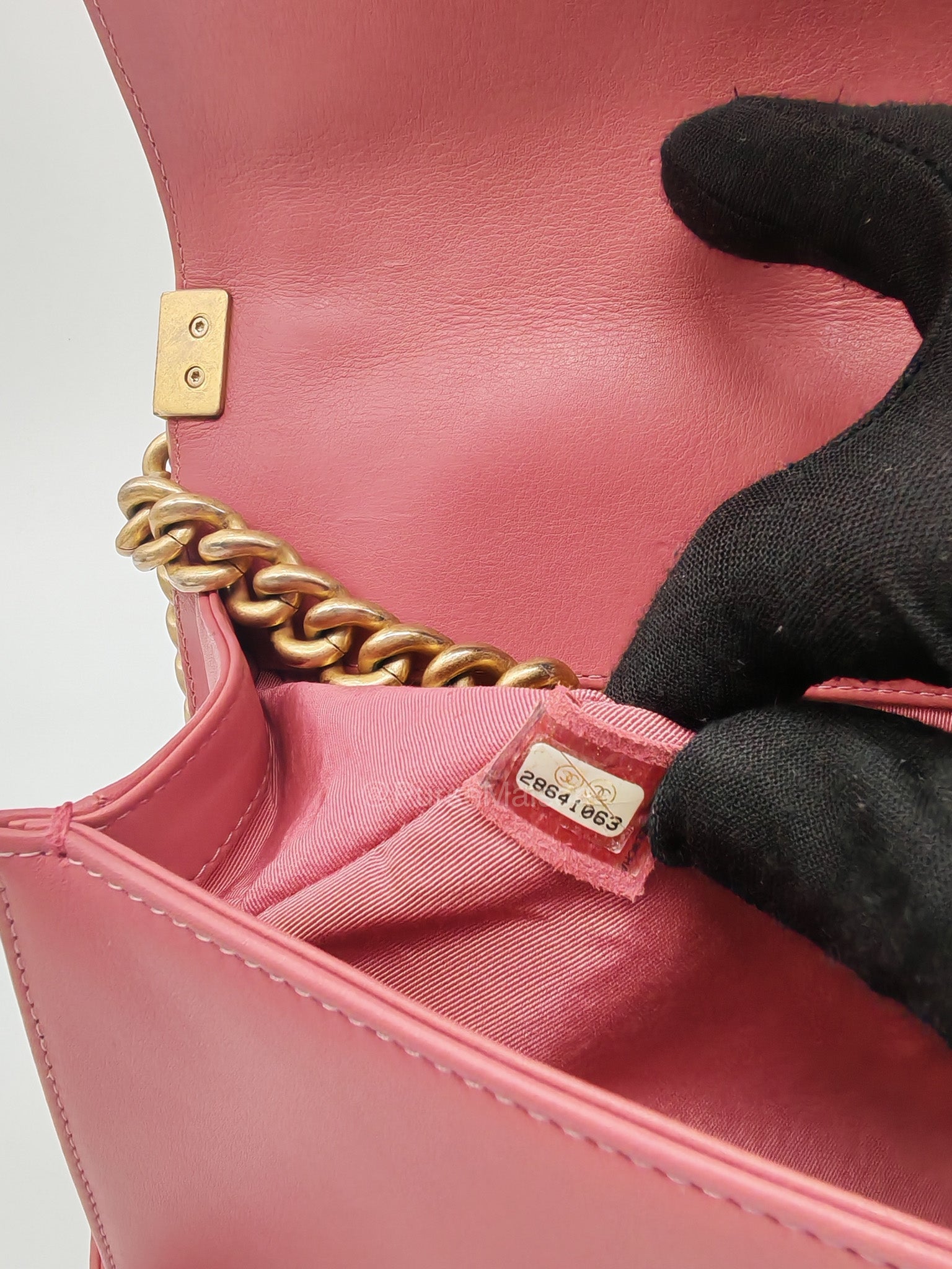 Chanel Boy Old Medium in Salmon Pink Chevron Calfskin Leather and Aged Gold Hardware Series 28 | Purse Maison Luxury Bags Shop