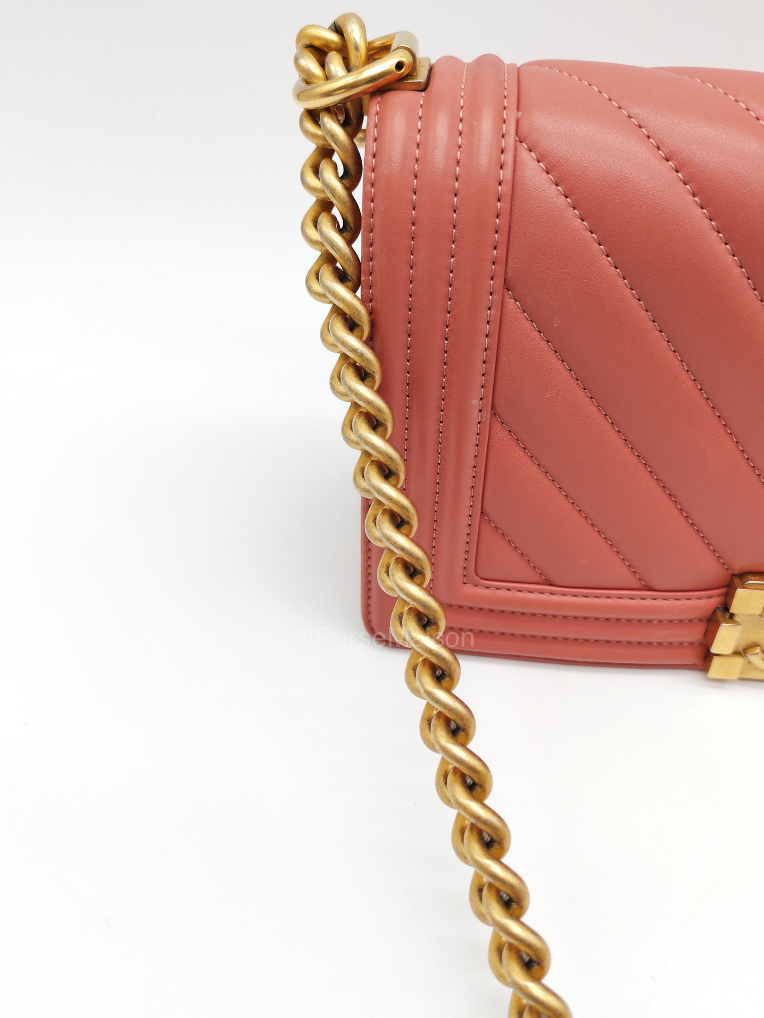 Chanel Boy Old Medium in Salmon Pink Chevron Calfskin Leather and Aged Gold Hardware Series 28 | Purse Maison Luxury Bags Shop