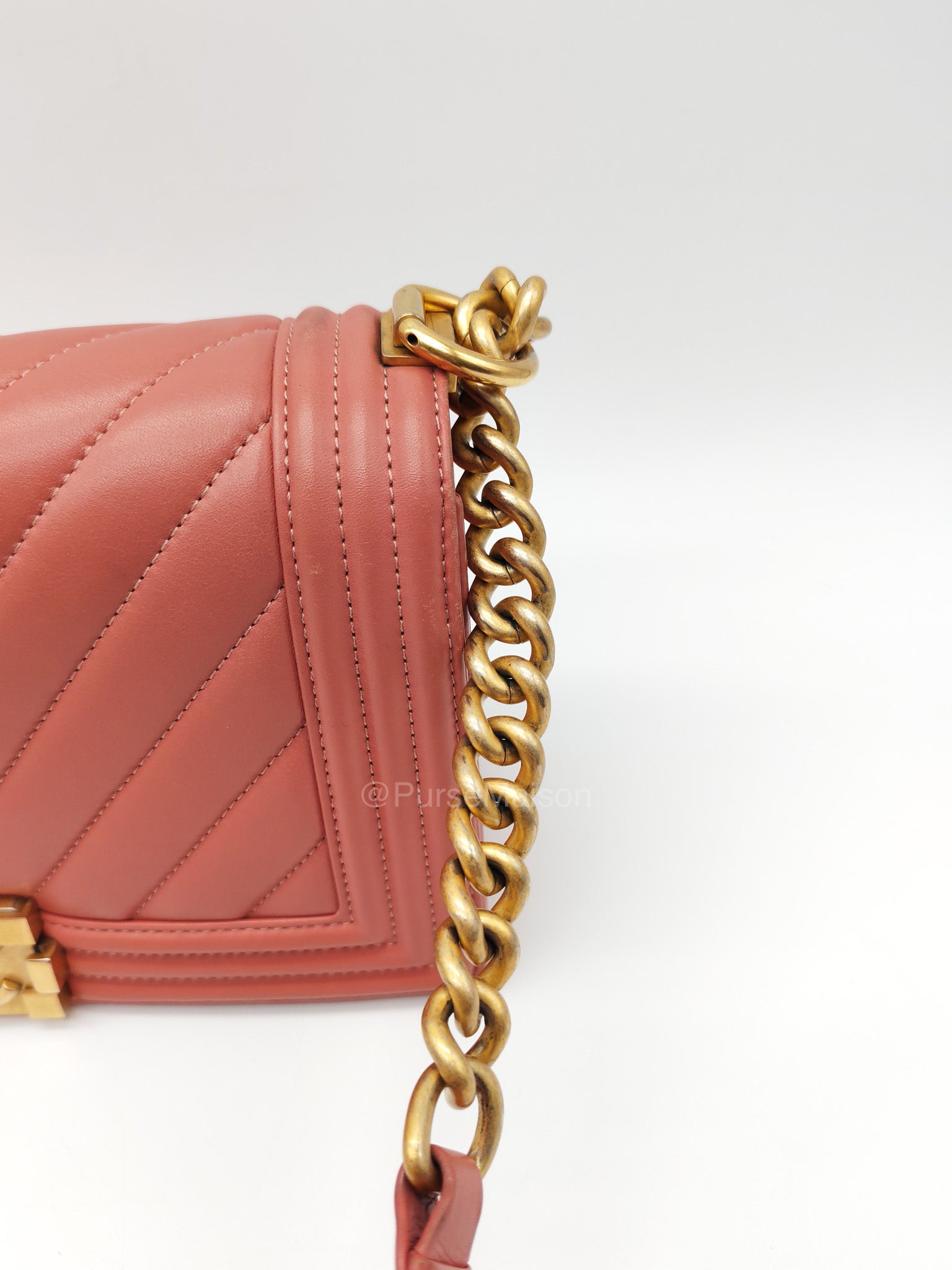 Chanel Boy Old Medium in Salmon Pink Chevron Calfskin Leather and Aged Gold Hardware Series 28 | Purse Maison Luxury Bags Shop