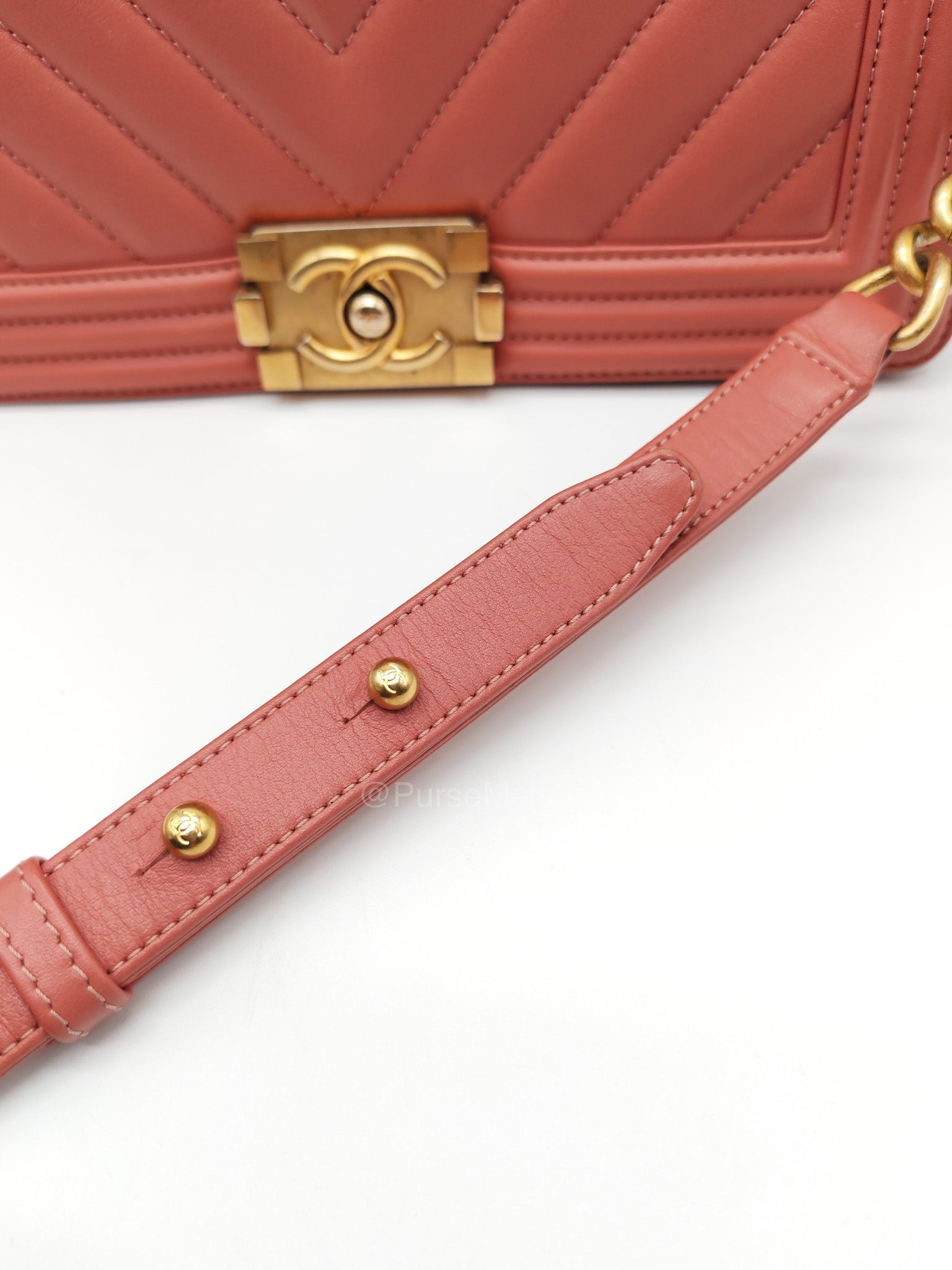 Chanel Boy Old Medium in Salmon Pink Chevron Calfskin Leather and Aged Gold Hardware Series 28 | Purse Maison Luxury Bags Shop