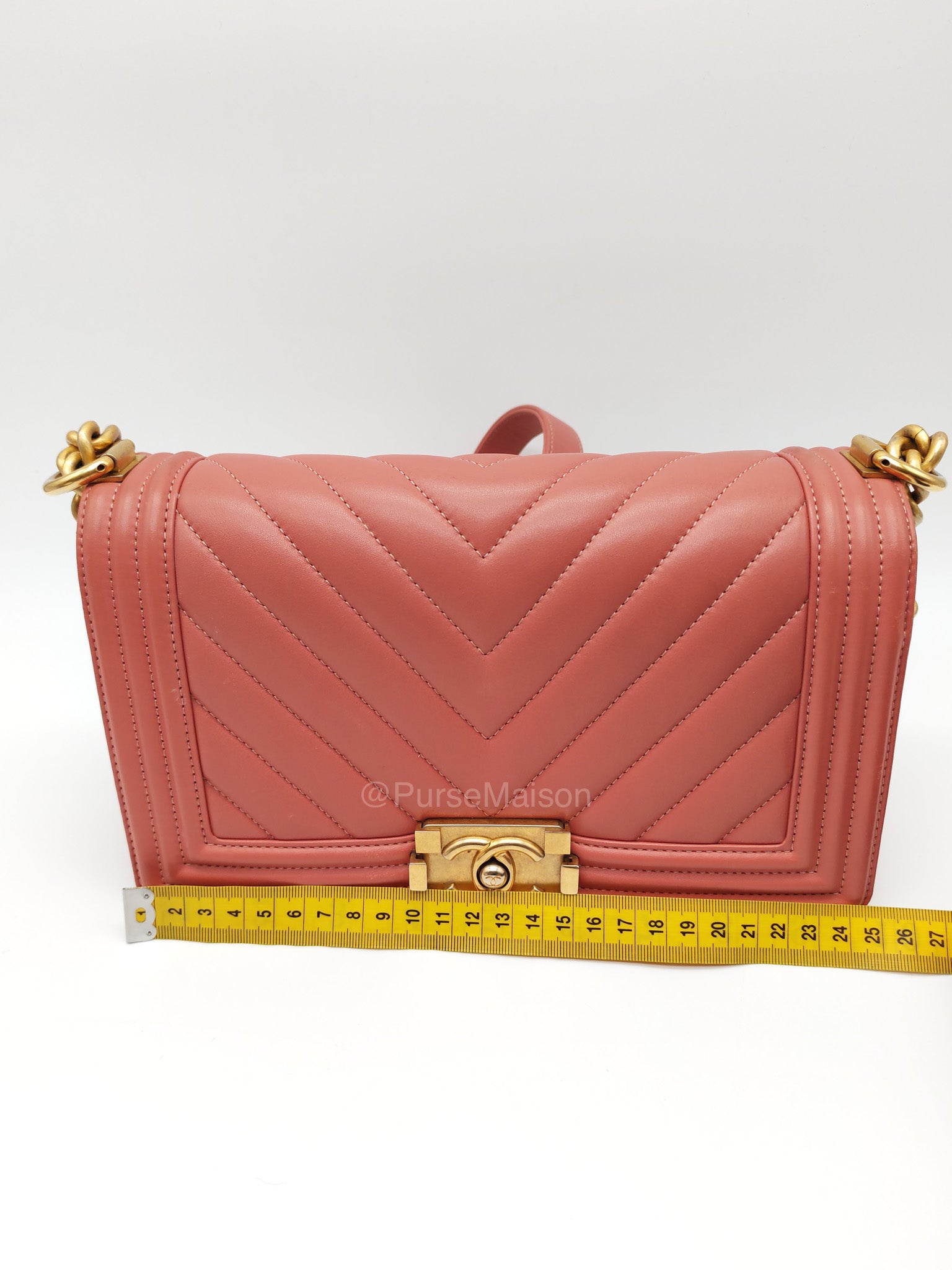Chanel Boy Old Medium in Salmon Pink Chevron Calfskin Leather and Aged Gold Hardware Series 28 | Purse Maison Luxury Bags Shop