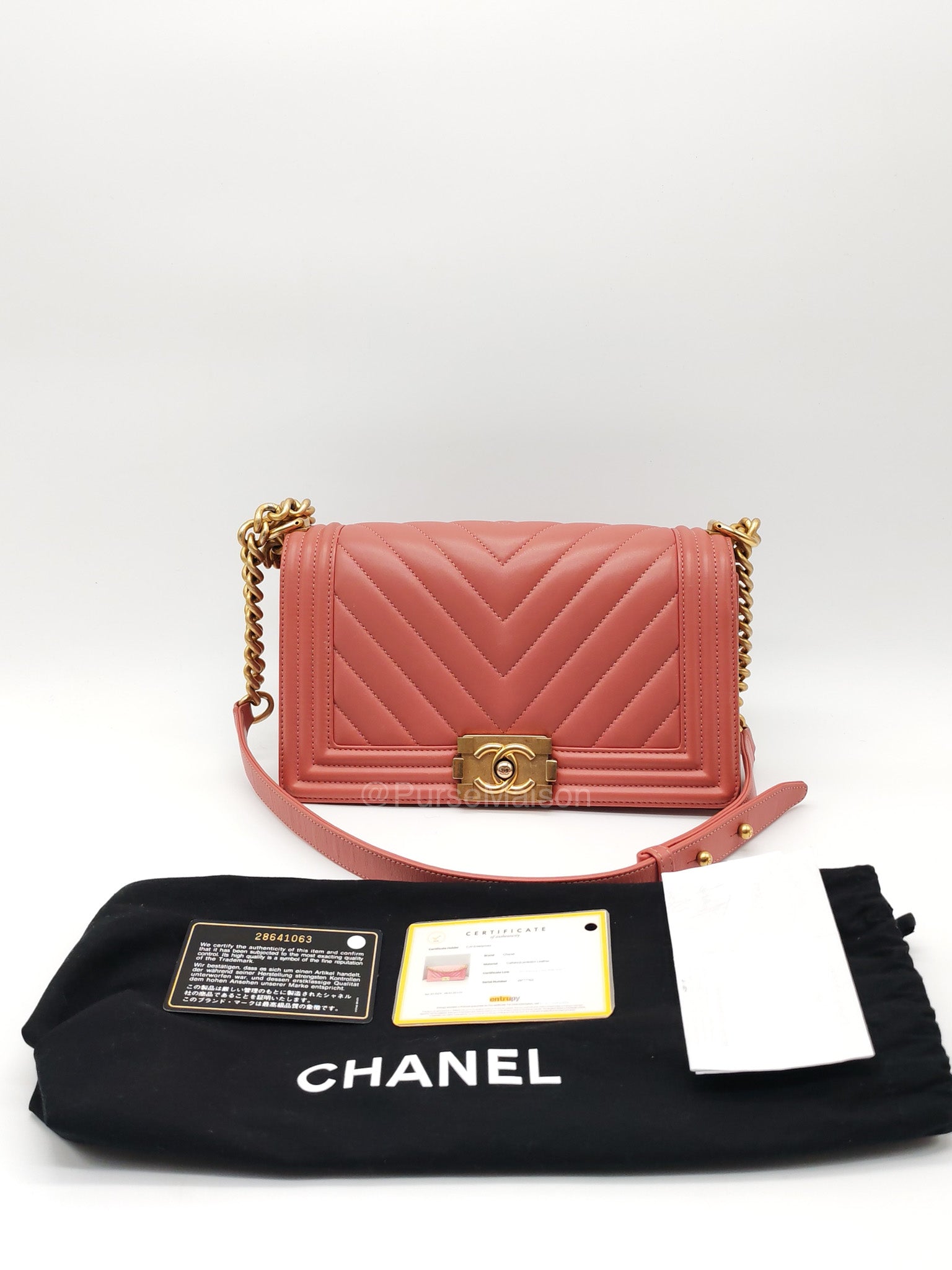 Chanel Boy Old Medium in Salmon Pink Chevron Calfskin Leather and Aged Gold Hardware Series 28 | Purse Maison Luxury Bags Shop