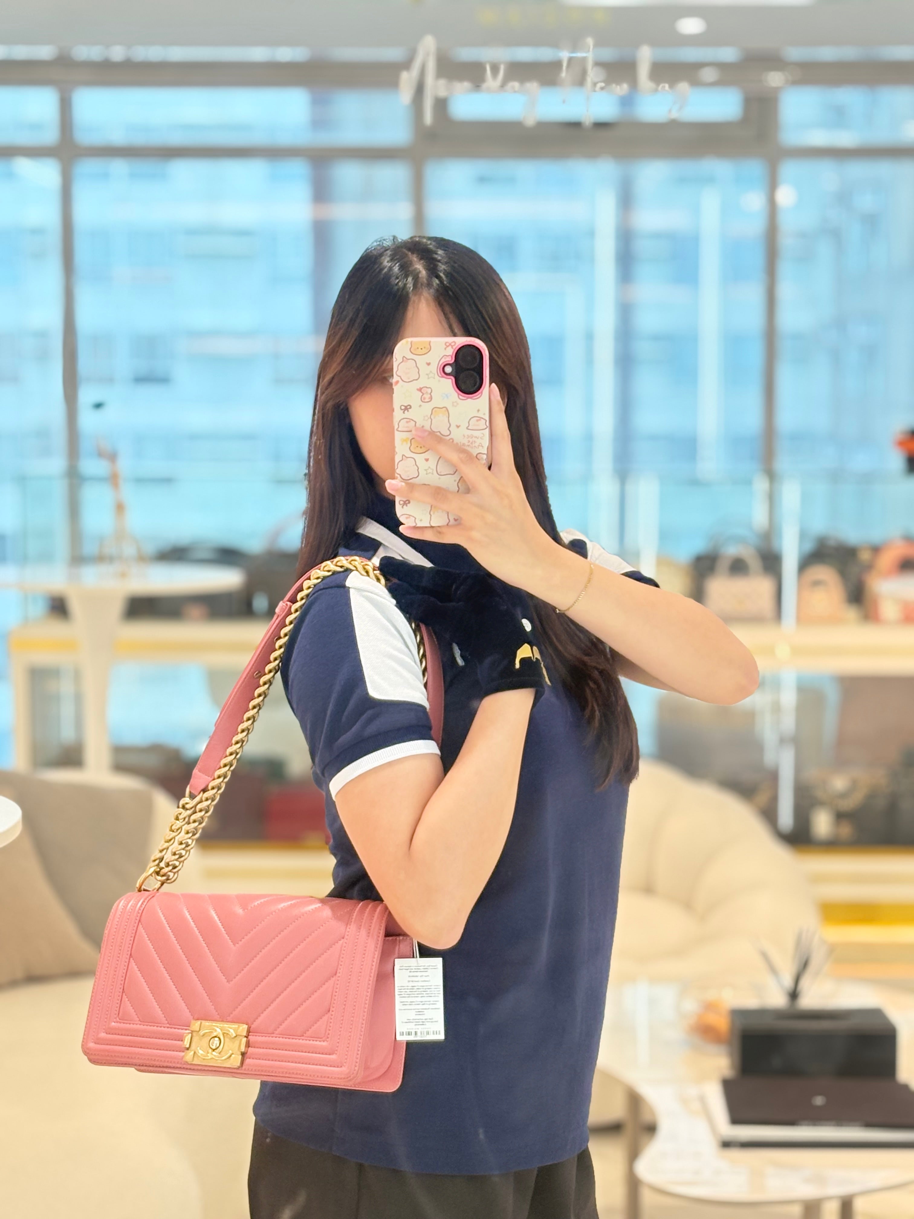 Chanel Boy Old Medium in Salmon Pink Chevron Calfskin Leather and Aged Gold Hardware Series 28 | Purse Maison Luxury Bags Shop