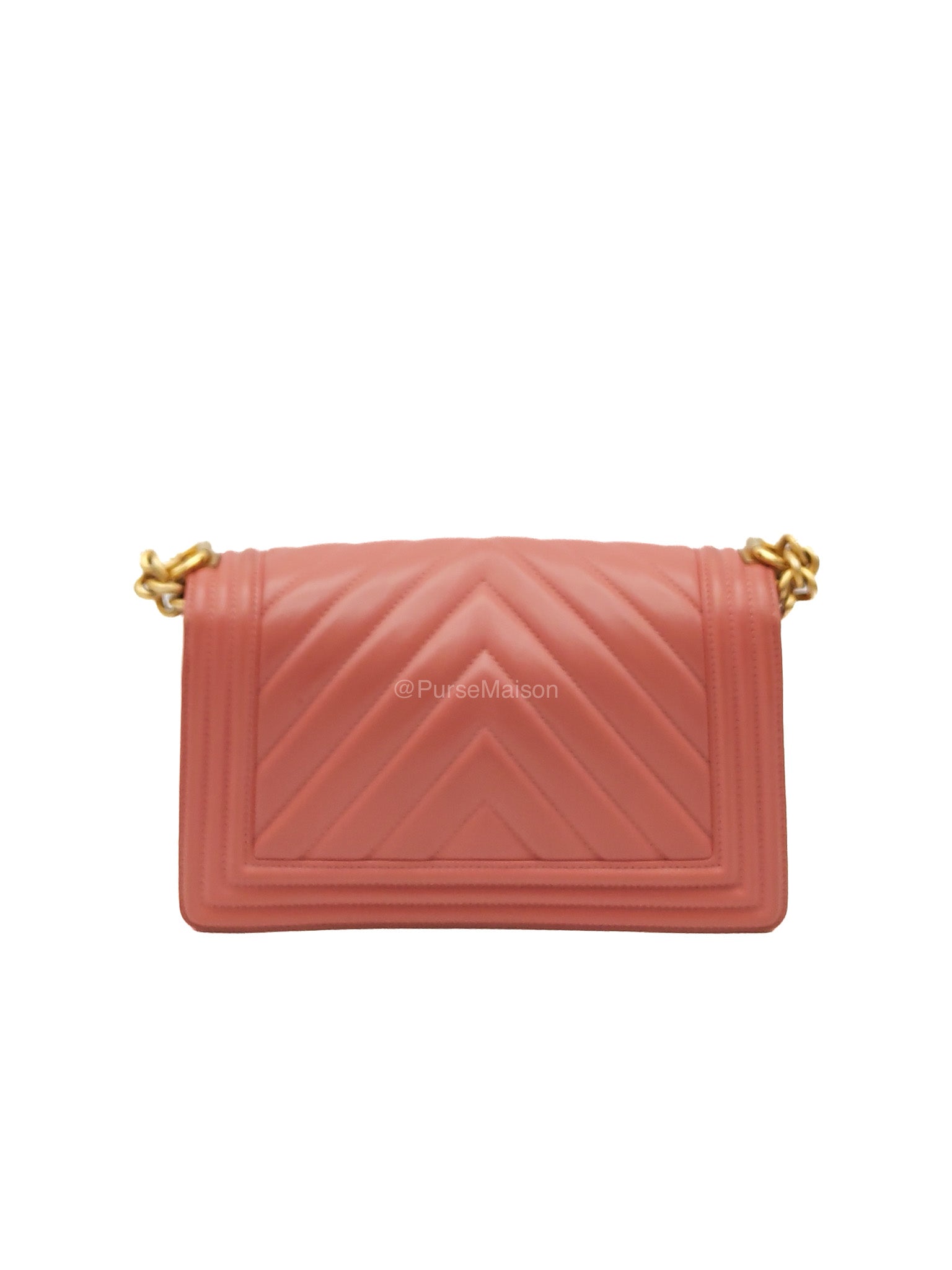 Chanel Boy Old Medium in Salmon Pink Chevron Calfskin Leather and Aged Gold Hardware Series 28 | Purse Maison Luxury Bags Shop