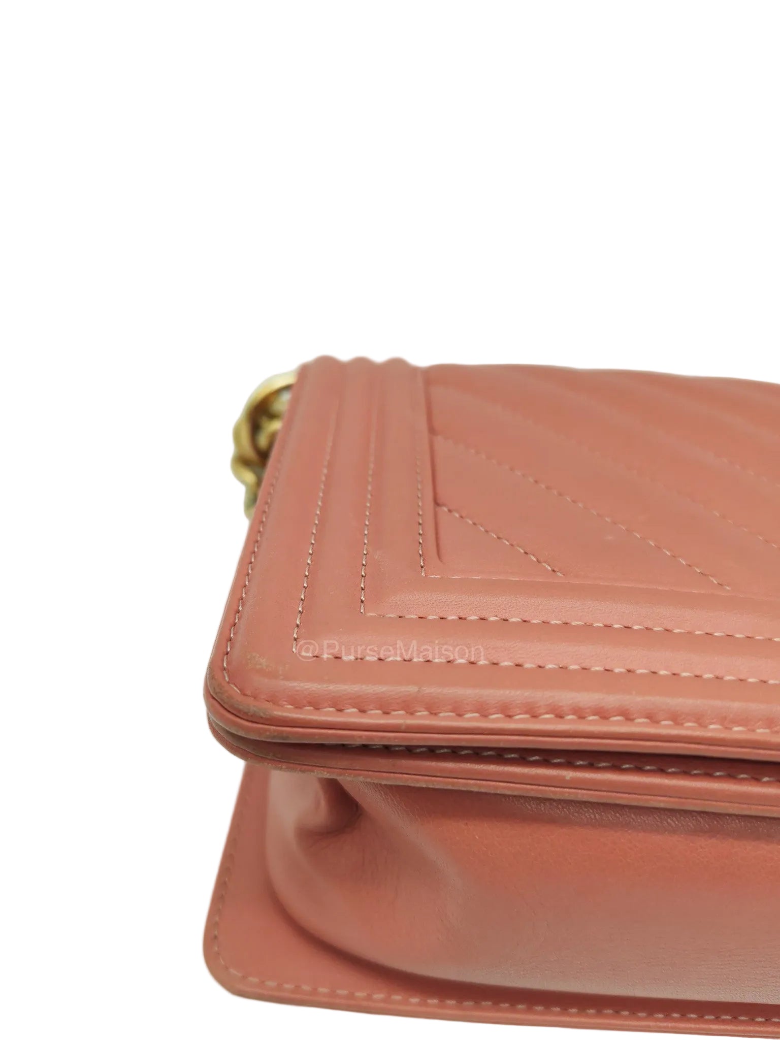 Chanel Boy Old Medium in Salmon Pink Chevron Calfskin Leather and Aged Gold Hardware Series 28 | Purse Maison Luxury Bags Shop