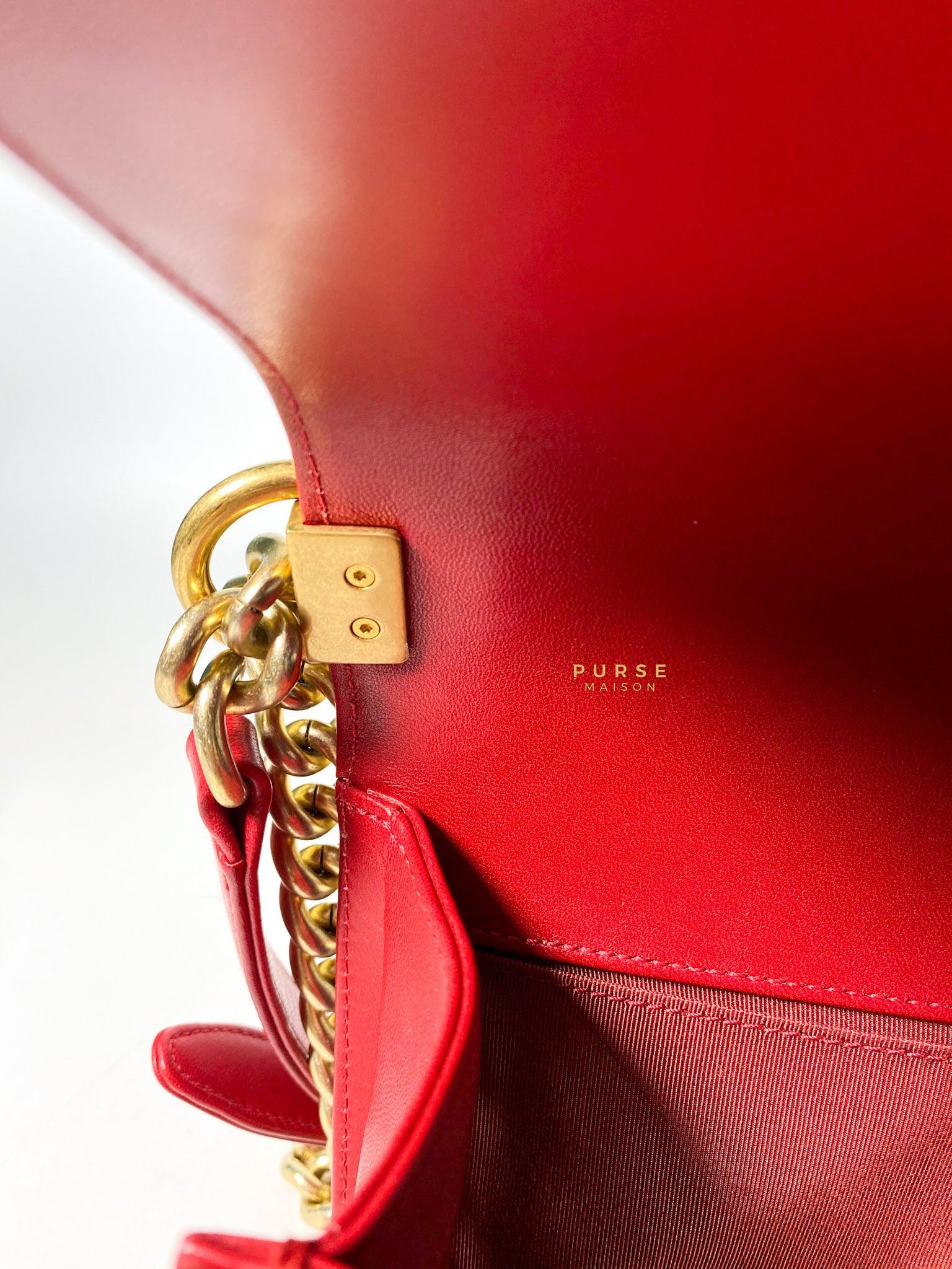 Chanel Boy Red Old Medium in Lambskin and Aged Gold Hardware