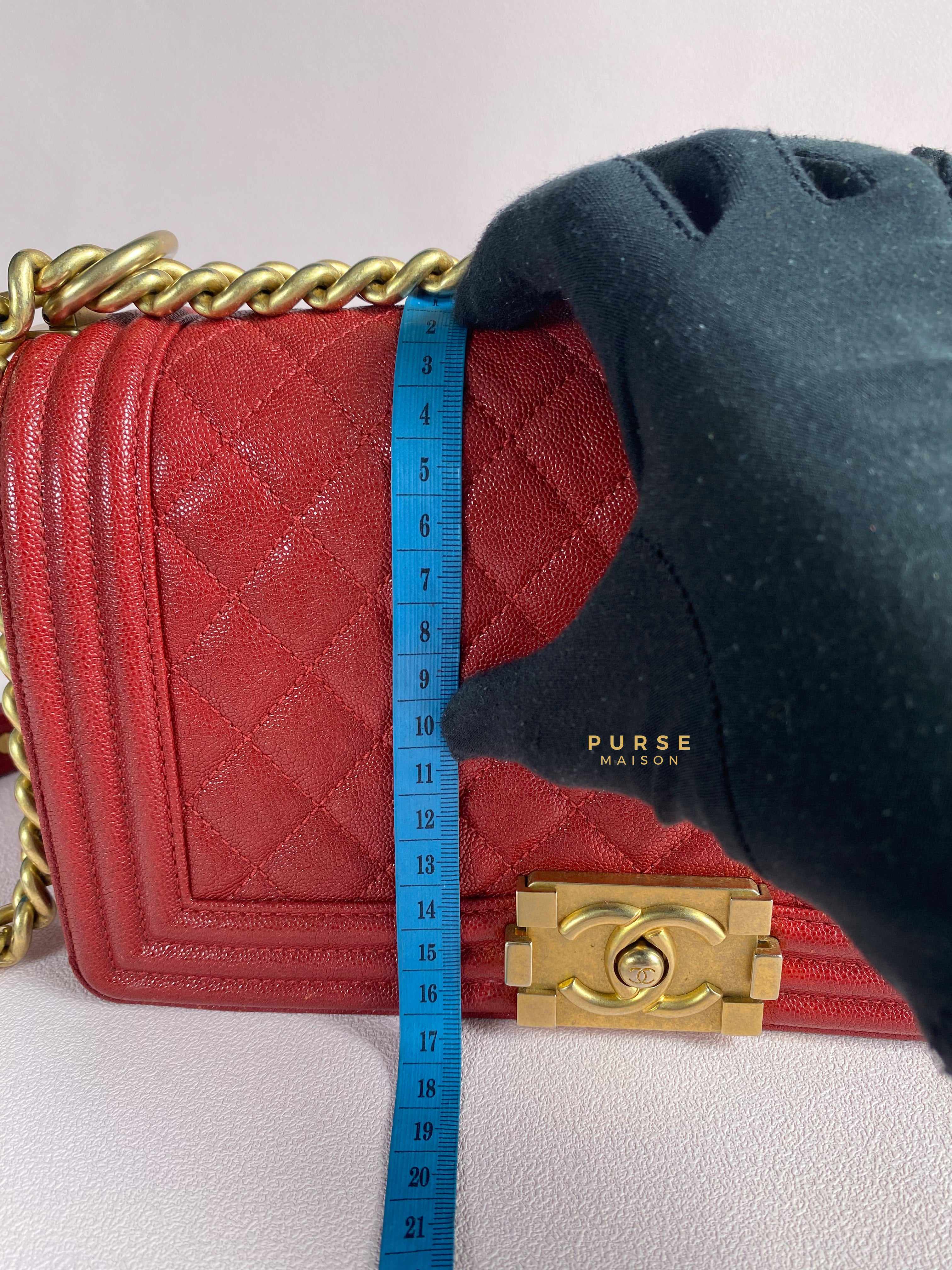 Chanel Boy Red Old Medium in Quilted Caviar and Aged Gold Hardware Series 28 | Purse Maison Luxury Bags Shop