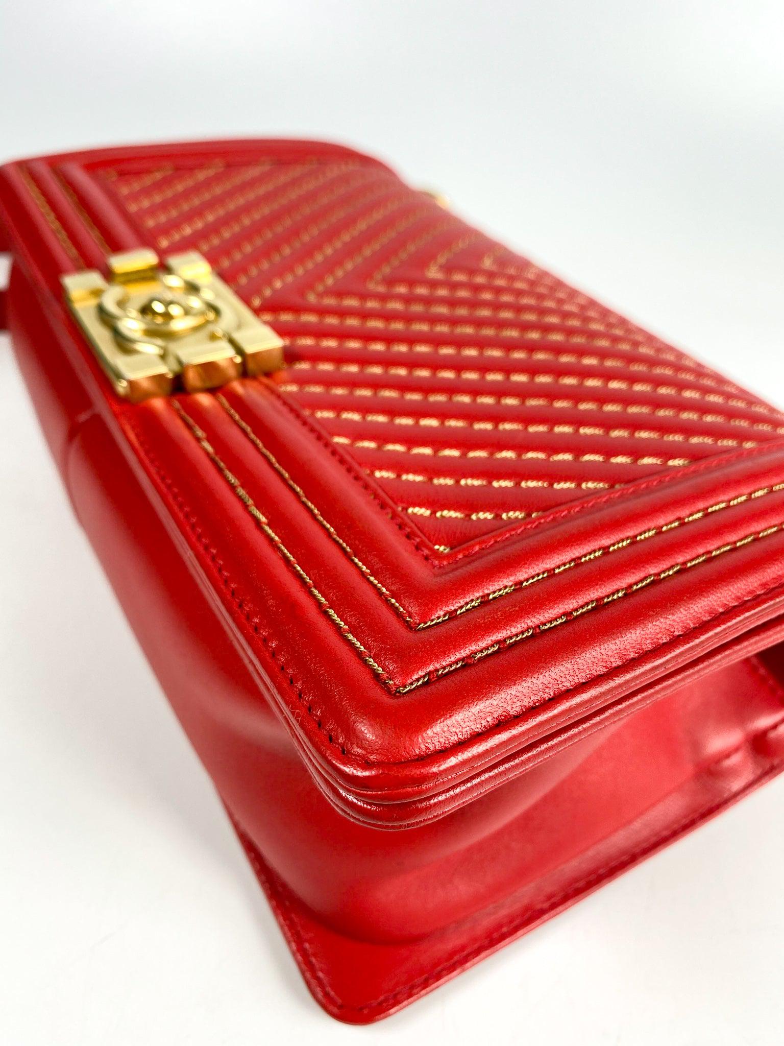 Chanel Boy Red Studded Chevron Old Medium Limited Edition Calfskin Series 23