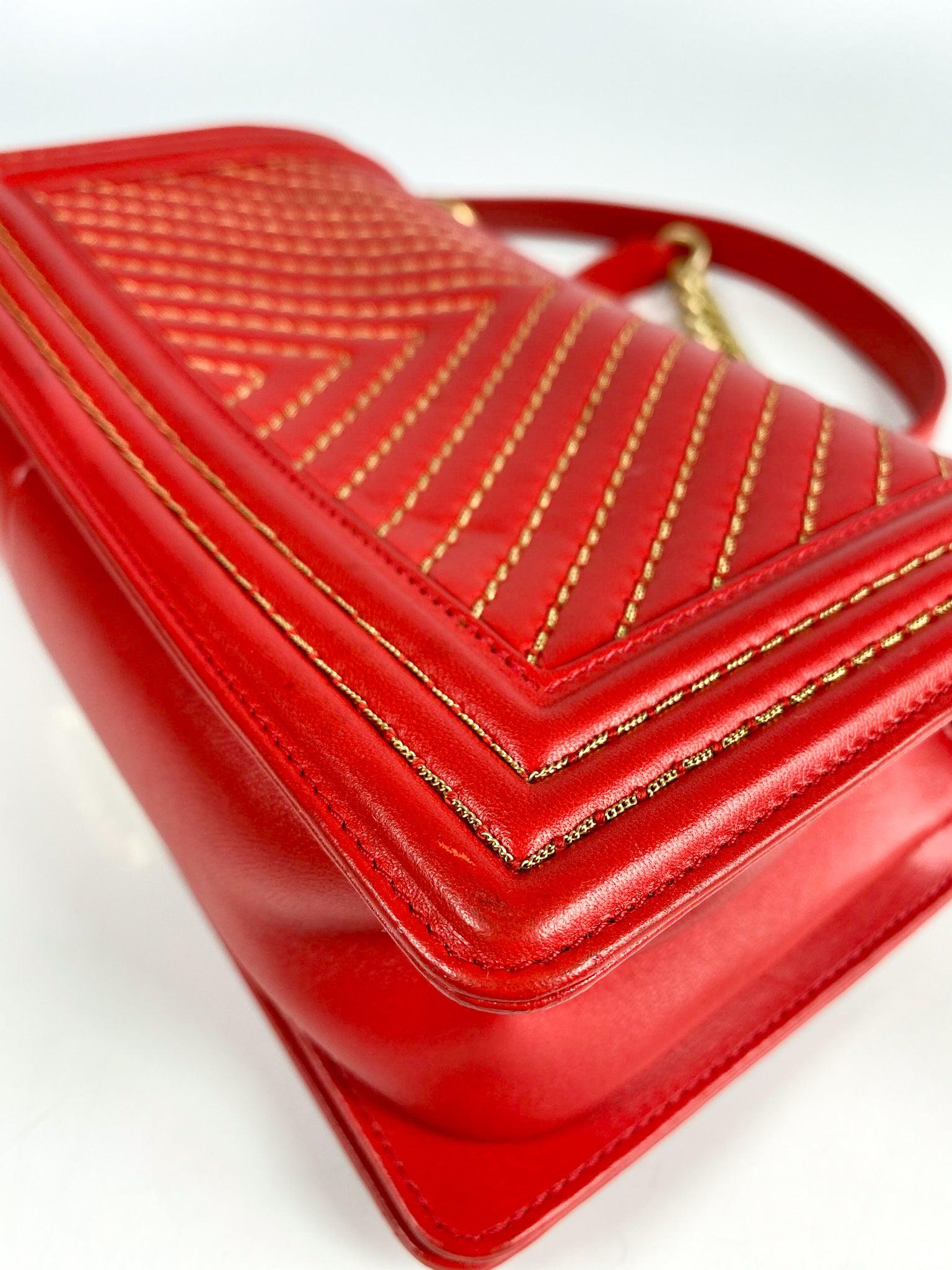 Chanel Boy Red Studded Chevron Old Medium Limited Edition Calfskin Series 23