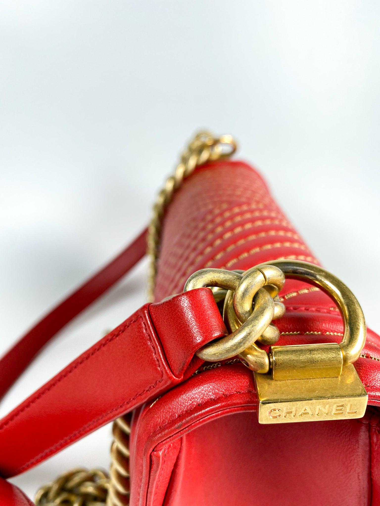 Chanel Boy Red Studded Chevron Old Medium Limited Edition Calfskin Series 23