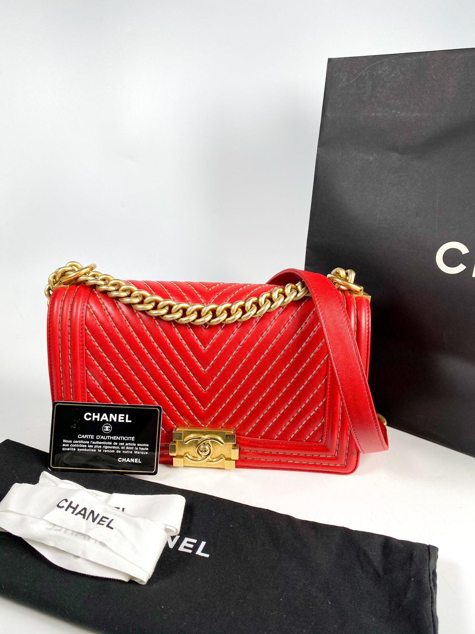 Chanel Boy Red Studded Chevron Old Medium Limited Edition Calfskin Series 23