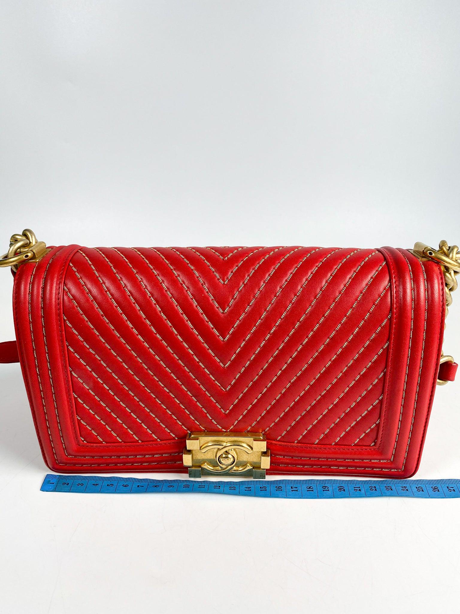 Chanel Boy Red Studded Chevron Old Medium Limited Edition Calfskin Series 23