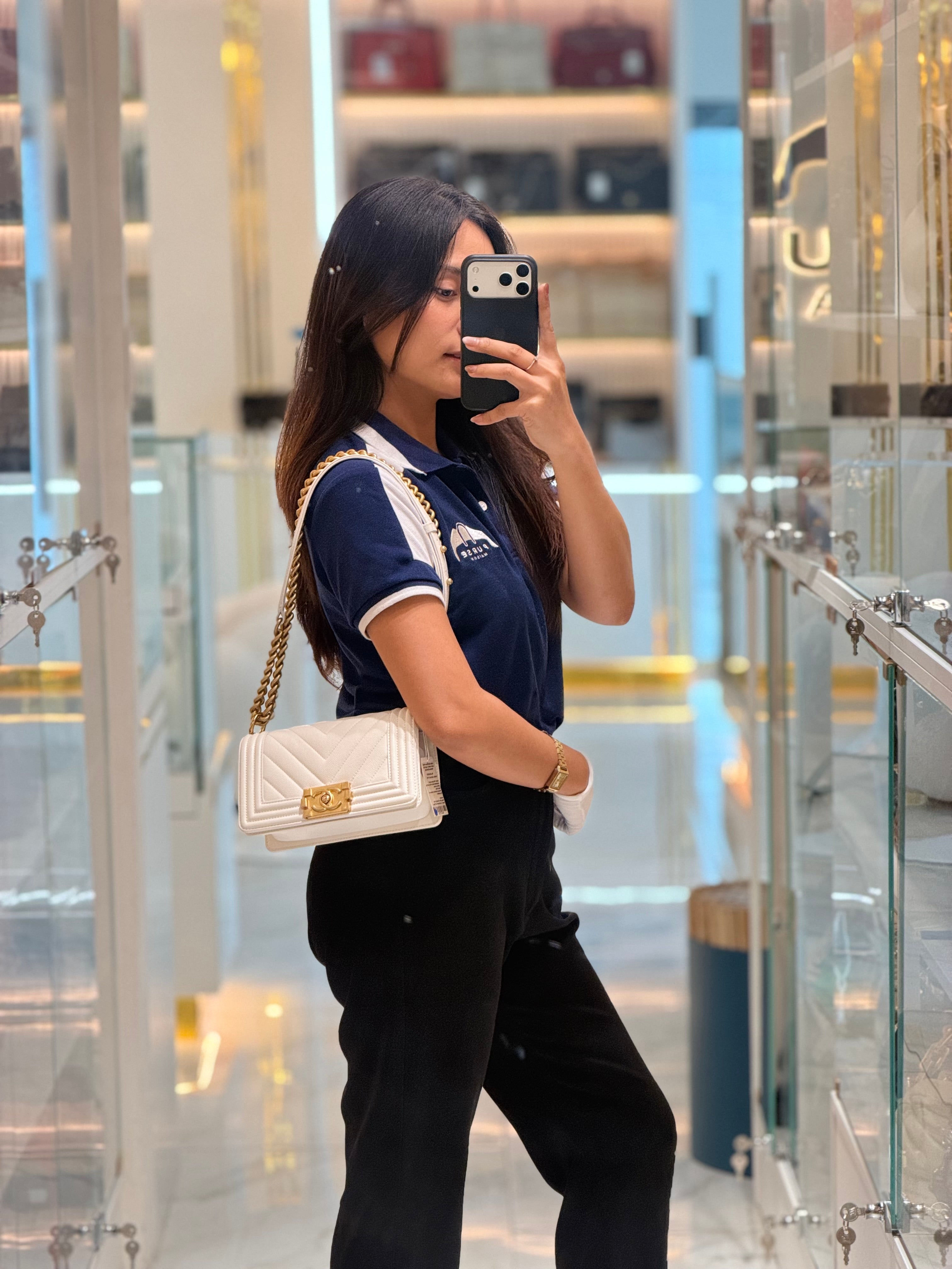 Chanel Boy Small Chevron White Caviar Leather in Aged Gold Hardware (Microchip) | Purse Maison Luxury Bags Shop