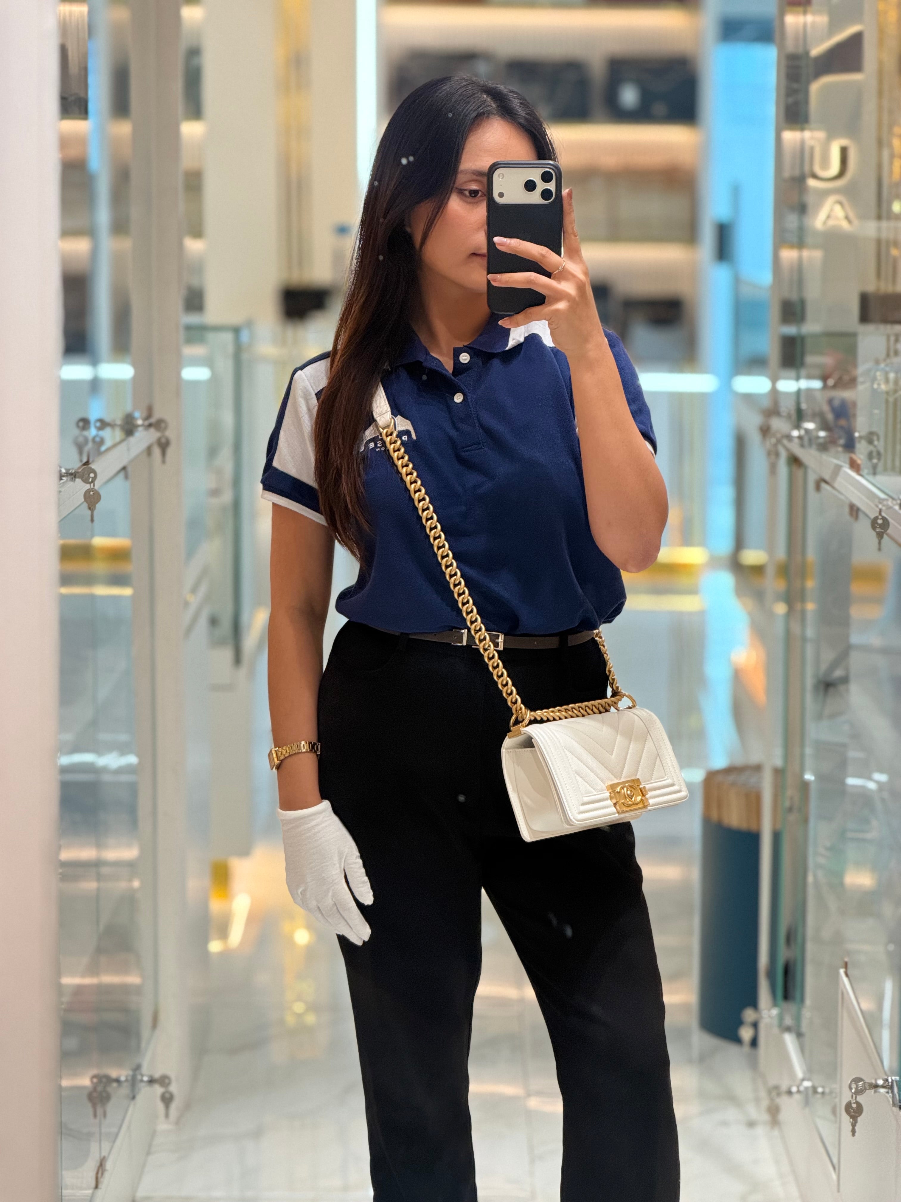 Chanel Boy Small Chevron White Caviar Leather in Aged Gold Hardware (Microchip) | Purse Maison Luxury Bags Shop