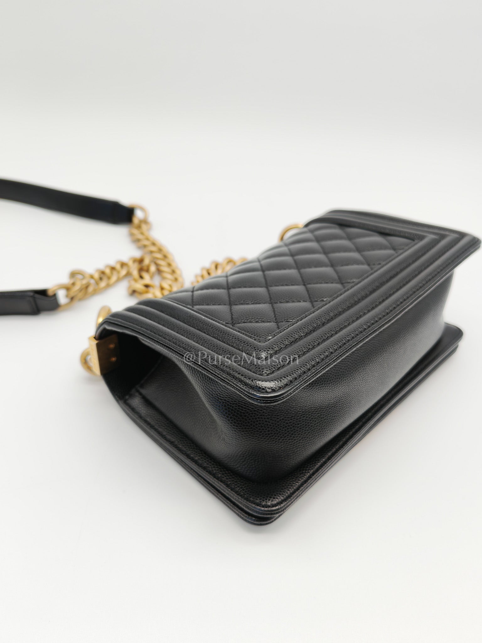 Boy Small in Black Quilted Calfskin Leather and Aged Gold Hardware (Microchip) | Purse Maison Luxury Bags Shop