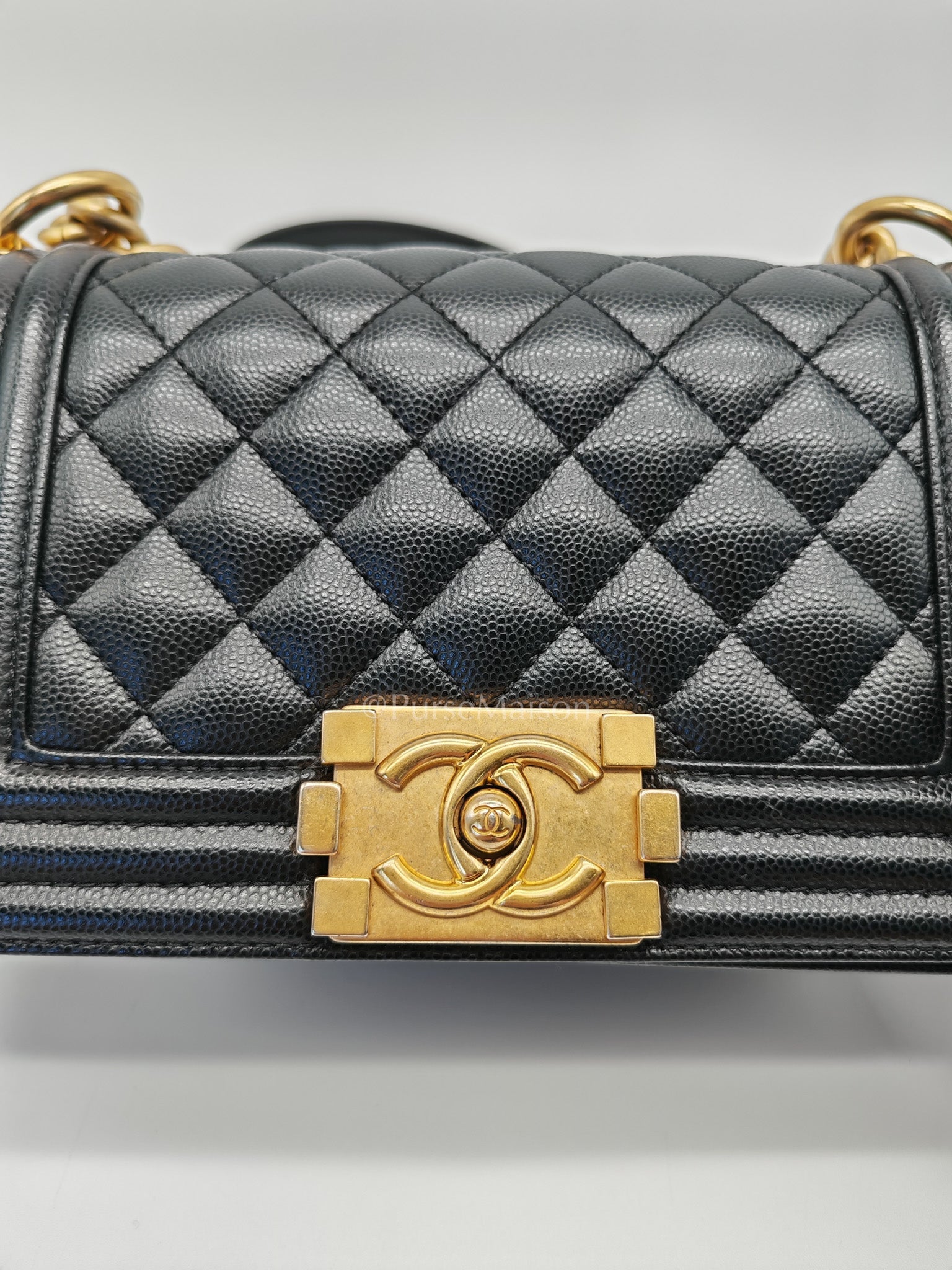Boy Small in Black Quilted Calfskin Leather and Aged Gold Hardware (Microchip) | Purse Maison Luxury Bags Shop