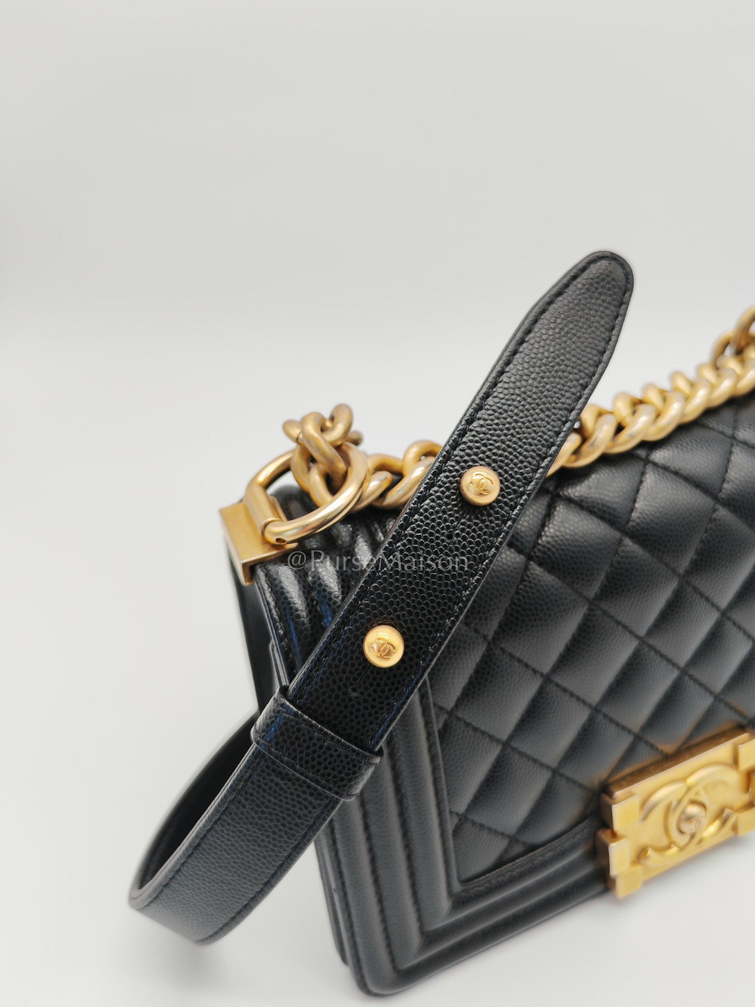 Boy Small in Black Quilted Calfskin Leather and Aged Gold Hardware (Microchip) | Purse Maison Luxury Bags Shop