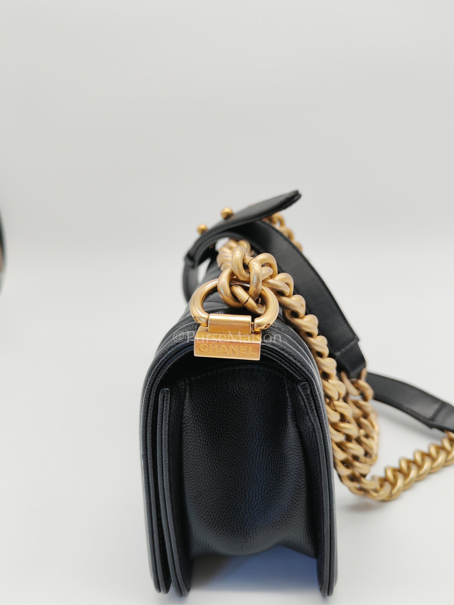 Boy Small in Black Quilted Calfskin Leather and Aged Gold Hardware (Microchip) | Purse Maison Luxury Bags Shop