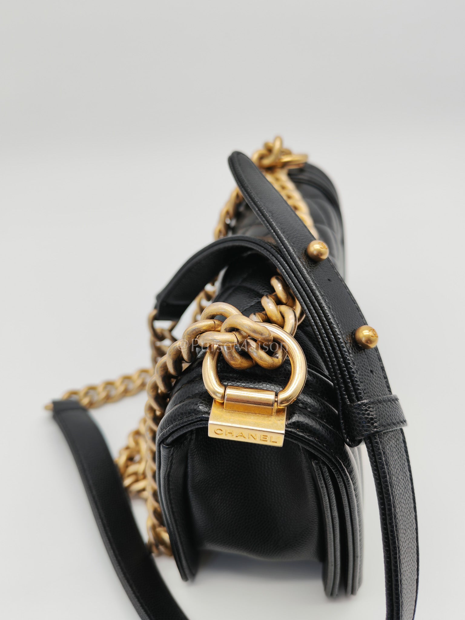 Boy Small in Black Quilted Calfskin Leather and Aged Gold Hardware (Microchip) | Purse Maison Luxury Bags Shop