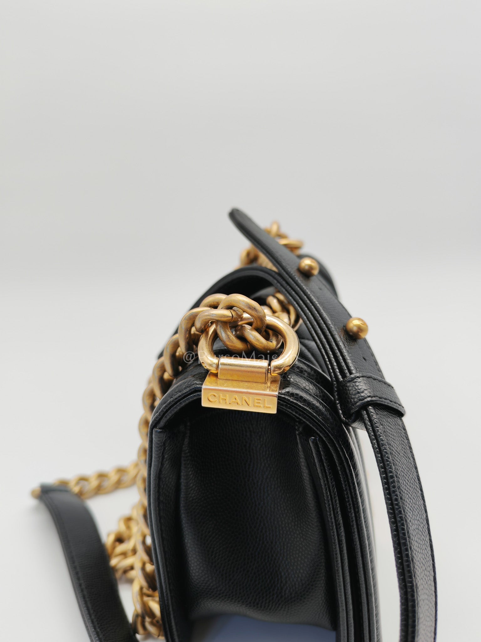 Boy Small in Black Quilted Calfskin Leather and Aged Gold Hardware (Microchip) | Purse Maison Luxury Bags Shop