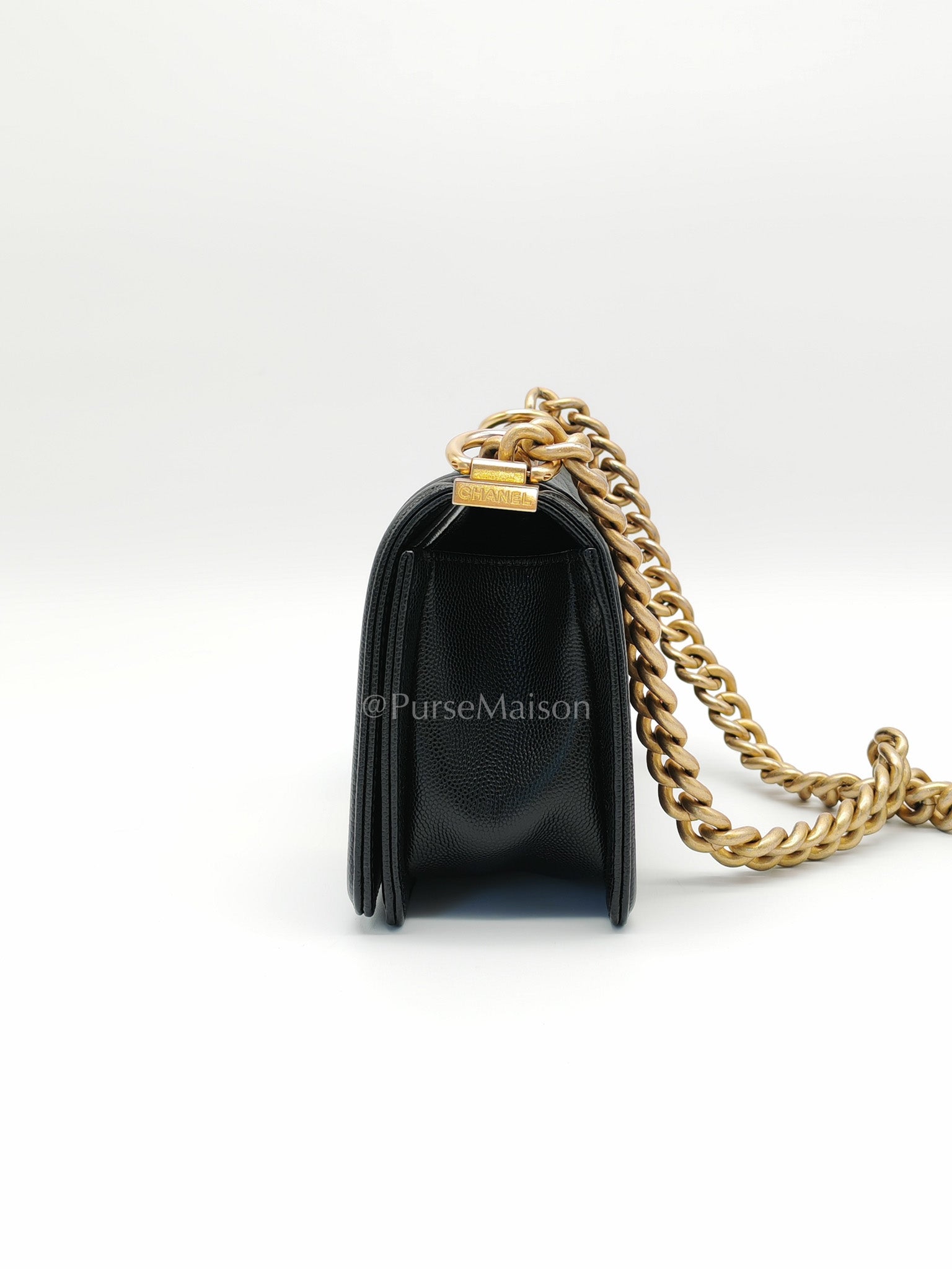Boy Small in Black Quilted Calfskin Leather and Aged Gold Hardware (Microchip) | Purse Maison Luxury Bags Shop