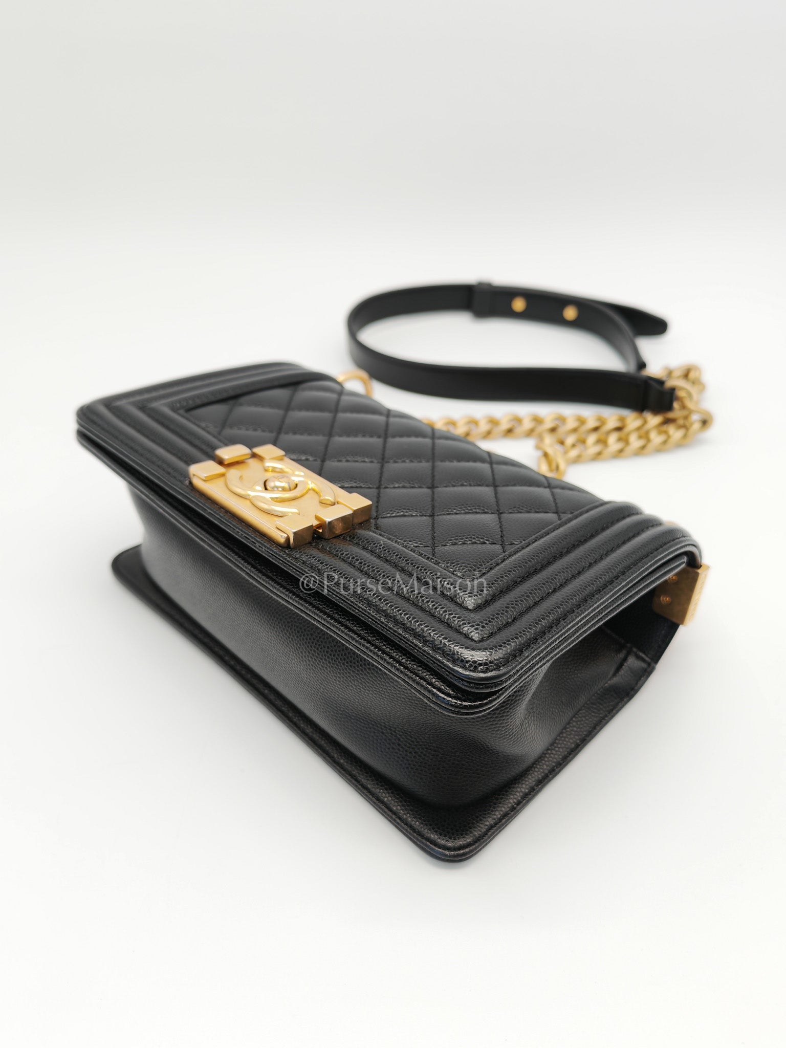 Boy Small in Black Quilted Calfskin Leather and Aged Gold Hardware (Microchip) | Purse Maison Luxury Bags Shop