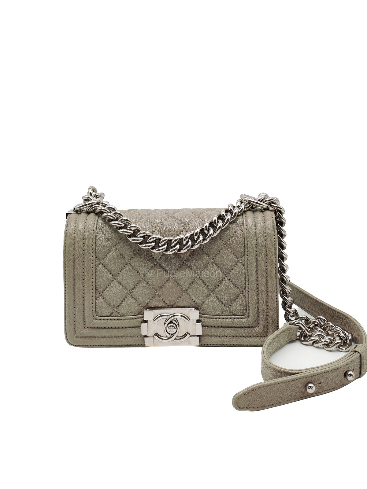 Chanel Boy Small in Light Gray Quilted Caviar Leather and Silver Hardware Series 28 | Purse Maison Luxury Bags Shop