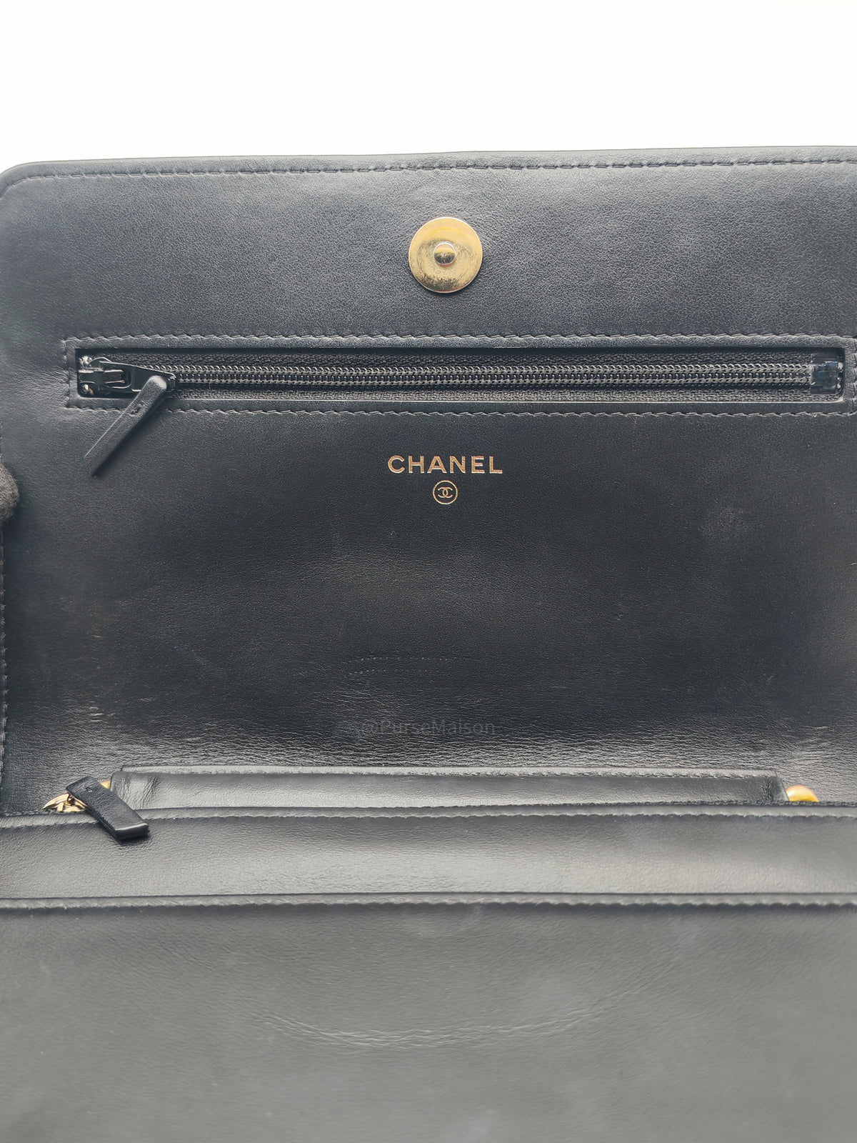 Chanel Boy Wallet On Chain in Black Quilted Caviar Leather and Aged Gold Hardware Microchip | Purse Maison Luxury Bags Shop
