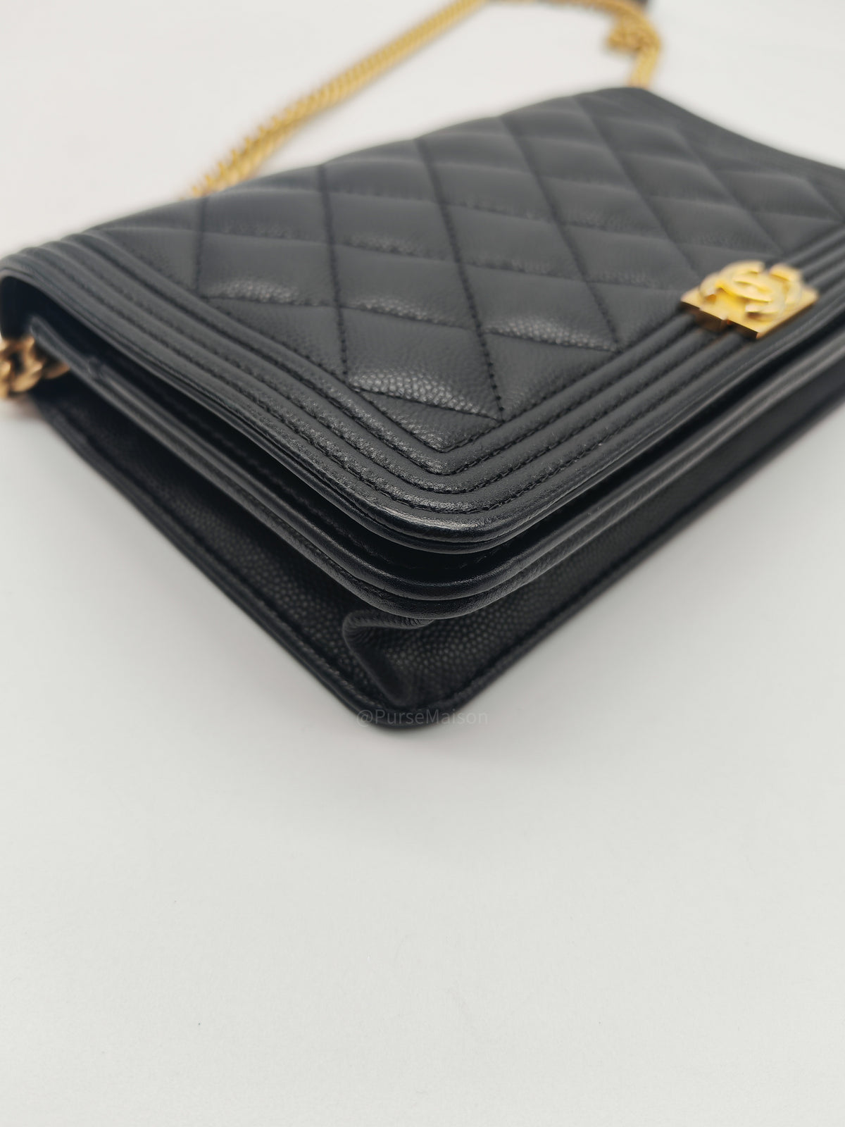 Chanel Boy Wallet On Chain in Black Quilted Caviar Leather and Aged Gold Hardware Microchip | Purse Maison Luxury Bags Shop