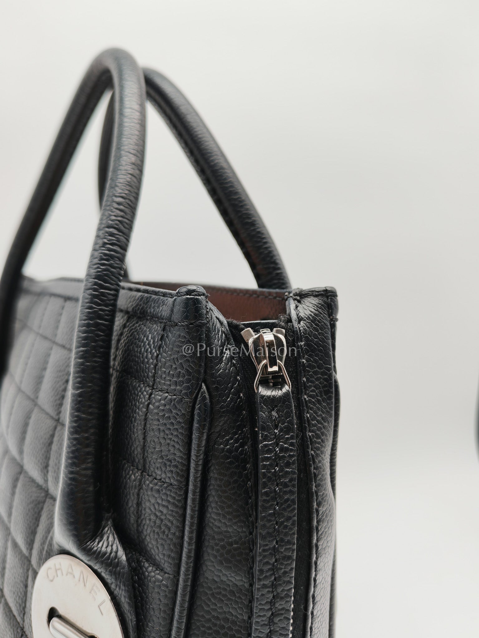 Chanel Button Dome Tote Bag in Black Caviar Leather Silver Hardware (Series 9) | Purse Maison Luxury Bags Shop