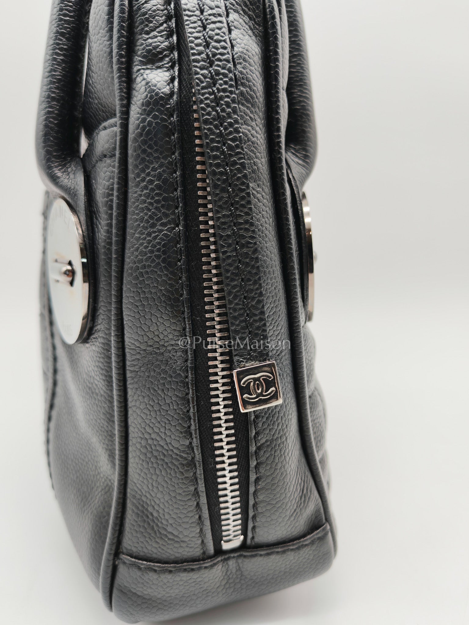 Chanel Button Dome Tote Bag in Black Caviar Leather Silver Hardware (Series 9) | Purse Maison Luxury Bags Shop