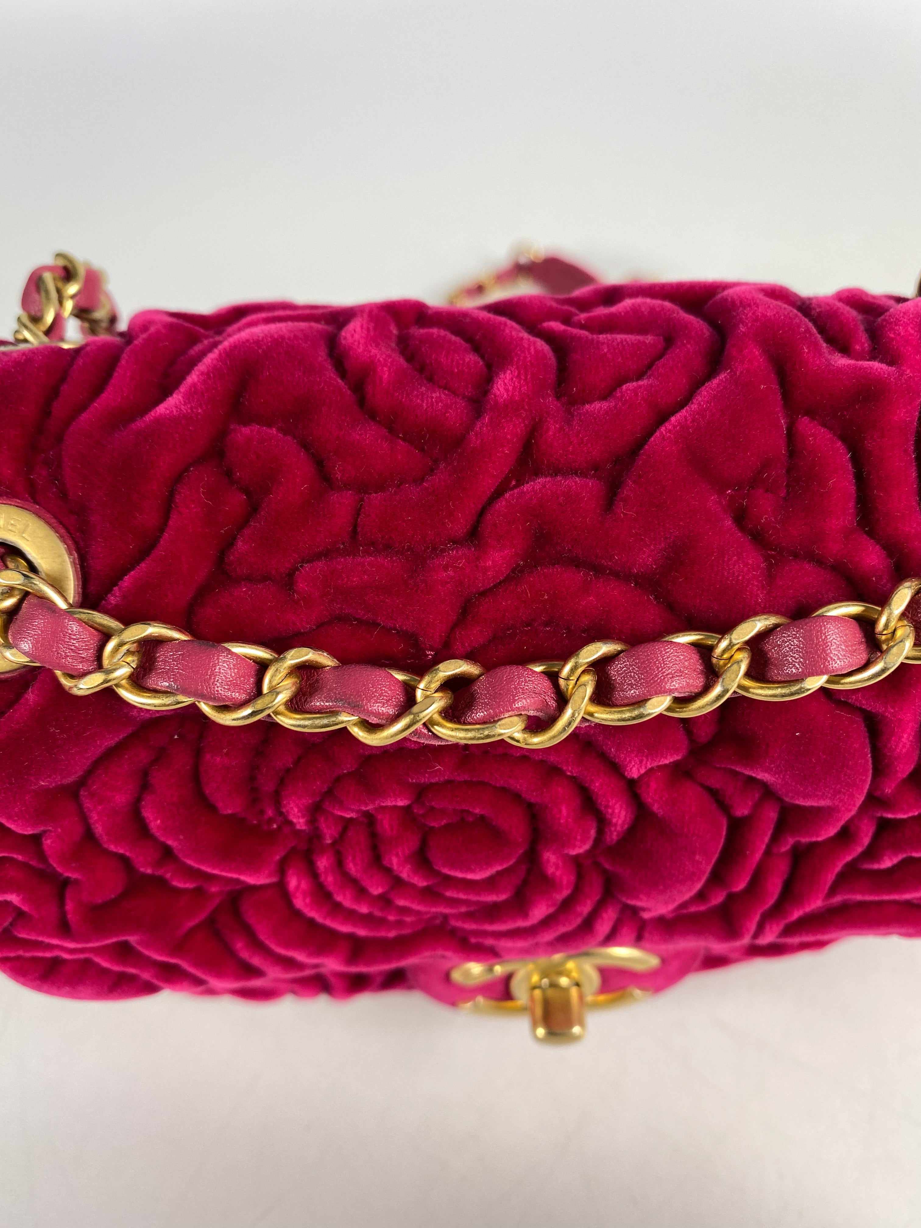 Chanel Camellia Velvet Mini Square Single Flap and Aged Gold Hardware (Microchip)