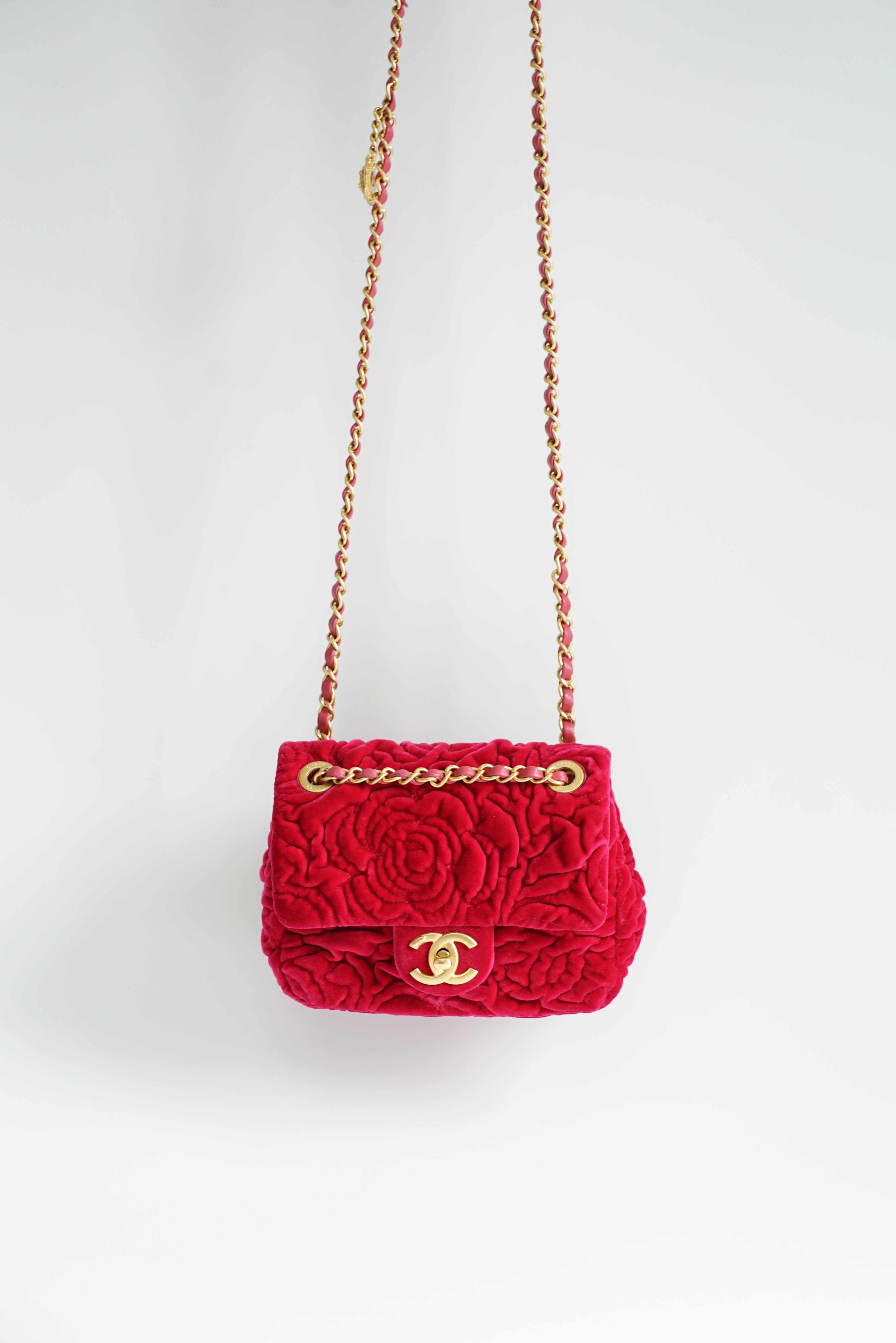 Chanel Camellia Velvet Mini Square Single Flap and Aged Gold