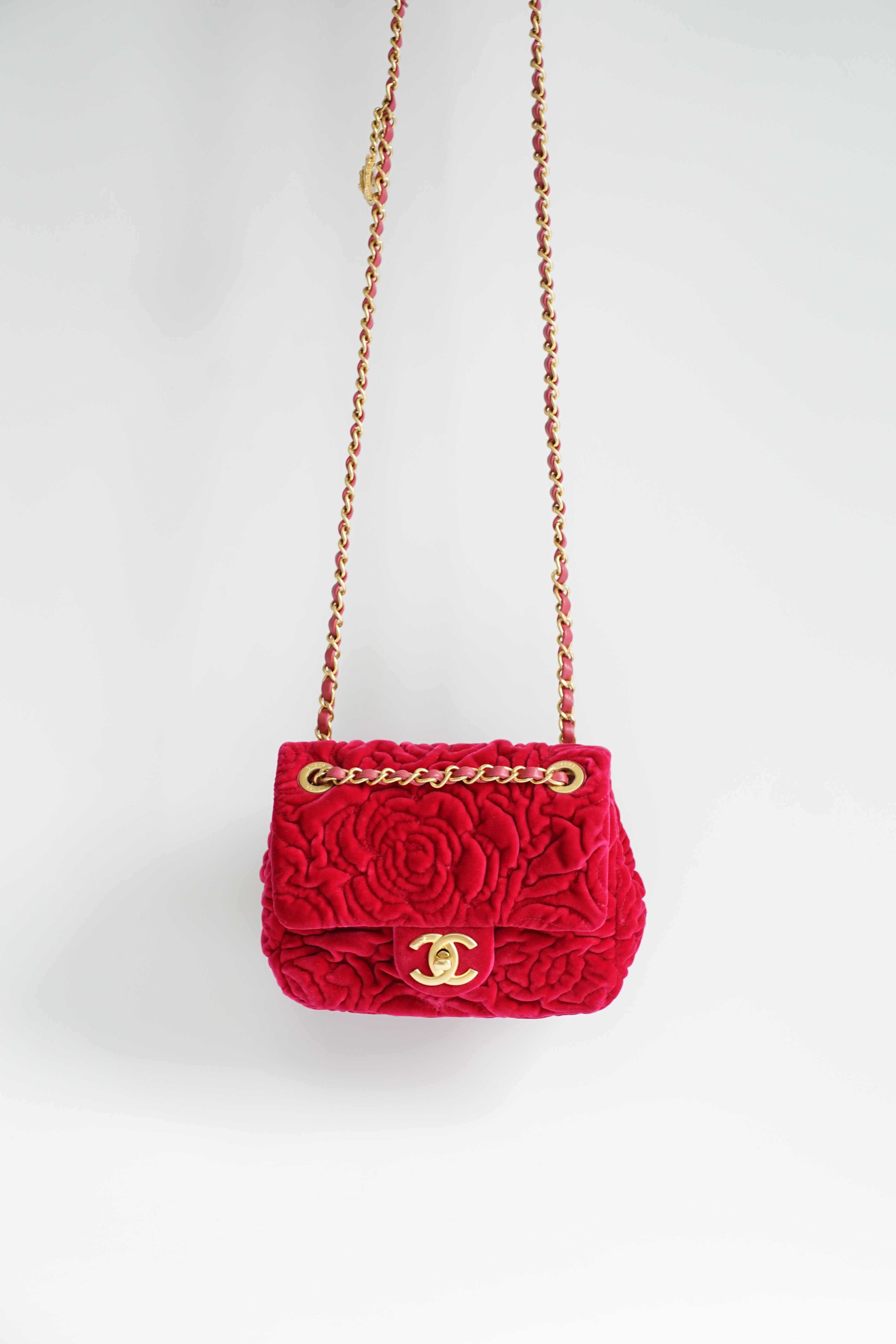 Chanel Camellia Velvet Mini Square Single Flap and Aged Gold Hardware (Microchip)