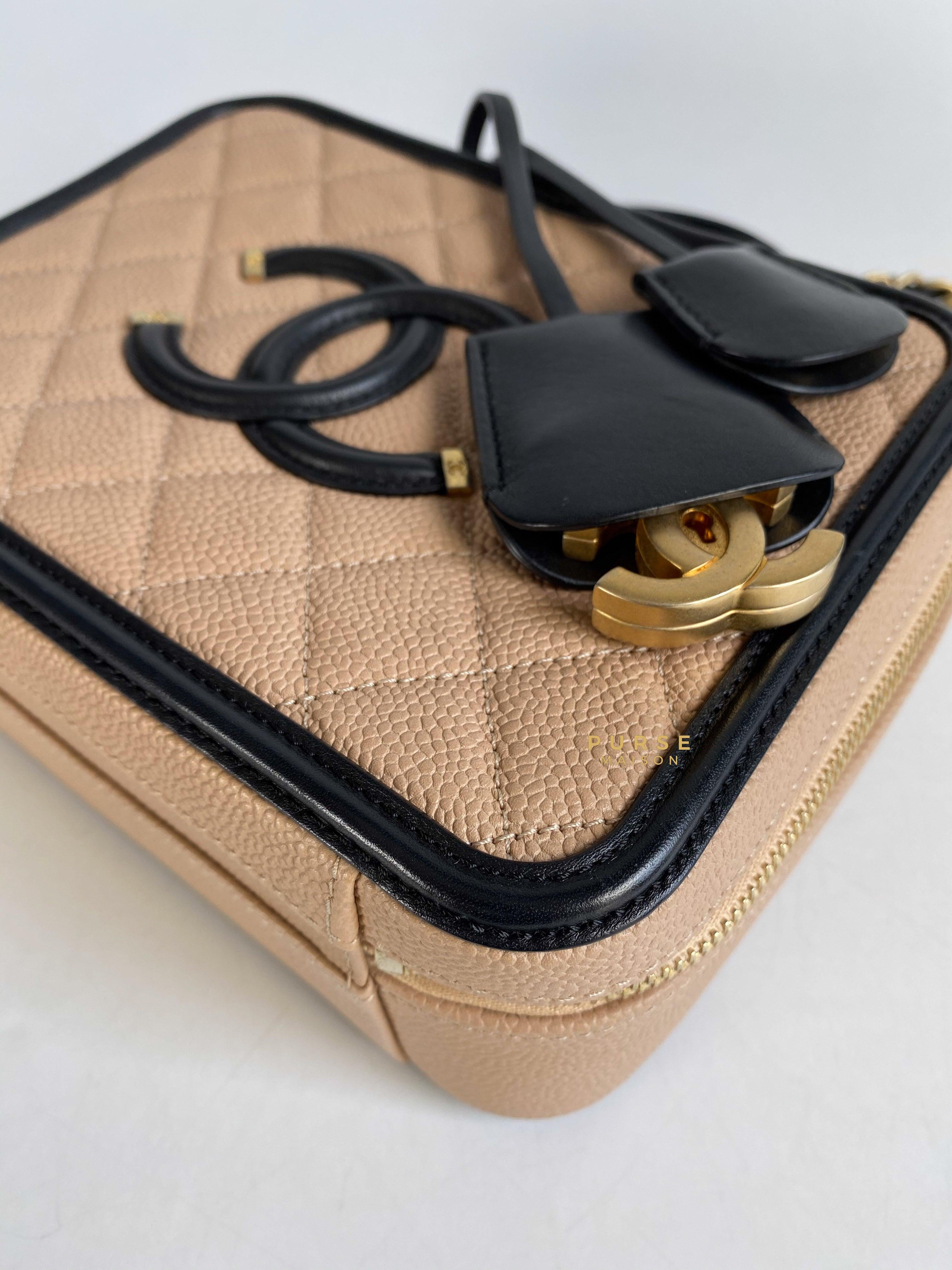 Chanel CC Filigree Medium Vanity Bag Beige/Black Caviar Leather in Aged Gold Hardware Series 24 | Purse Maison Luxury Bags Shop