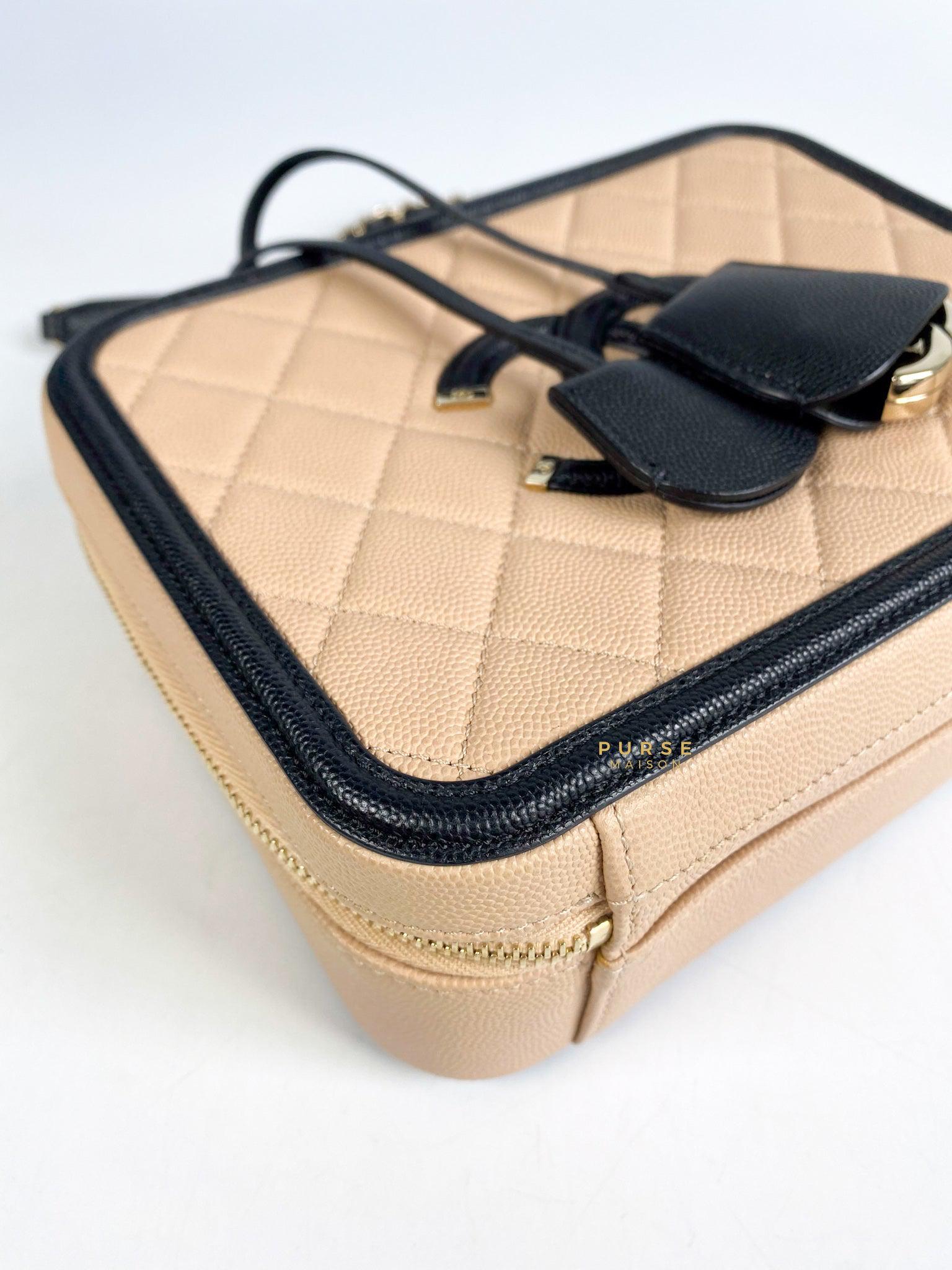 Chanel CC Filigree Medium Vanity Bag Beige/Black Caviar Leather in Light Gold Hardware Series 29